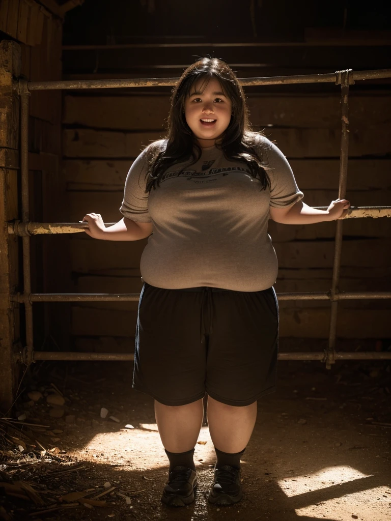 A very fat, obese  in an underground prison, looking excited, detailed facial features, (best quality,4k,8k,highres,masterpiece:1.2),ultra-detailed,(realistic,photorealistic,photo-realistic:1.37),HDR,UHD,studio lighting,ultra-fine painting,sharp focus,physically-based rendering,extreme detail description,professional,vivid colors,bokeh,dark and moody atmosphere,cinematic lighting,dramatic shadows,claustrophobic environment,rusty metal bars,stone walls,dirt floor,glowing lights,excited expression,chubby cheeks,double chin,plump body,thick arms and legs