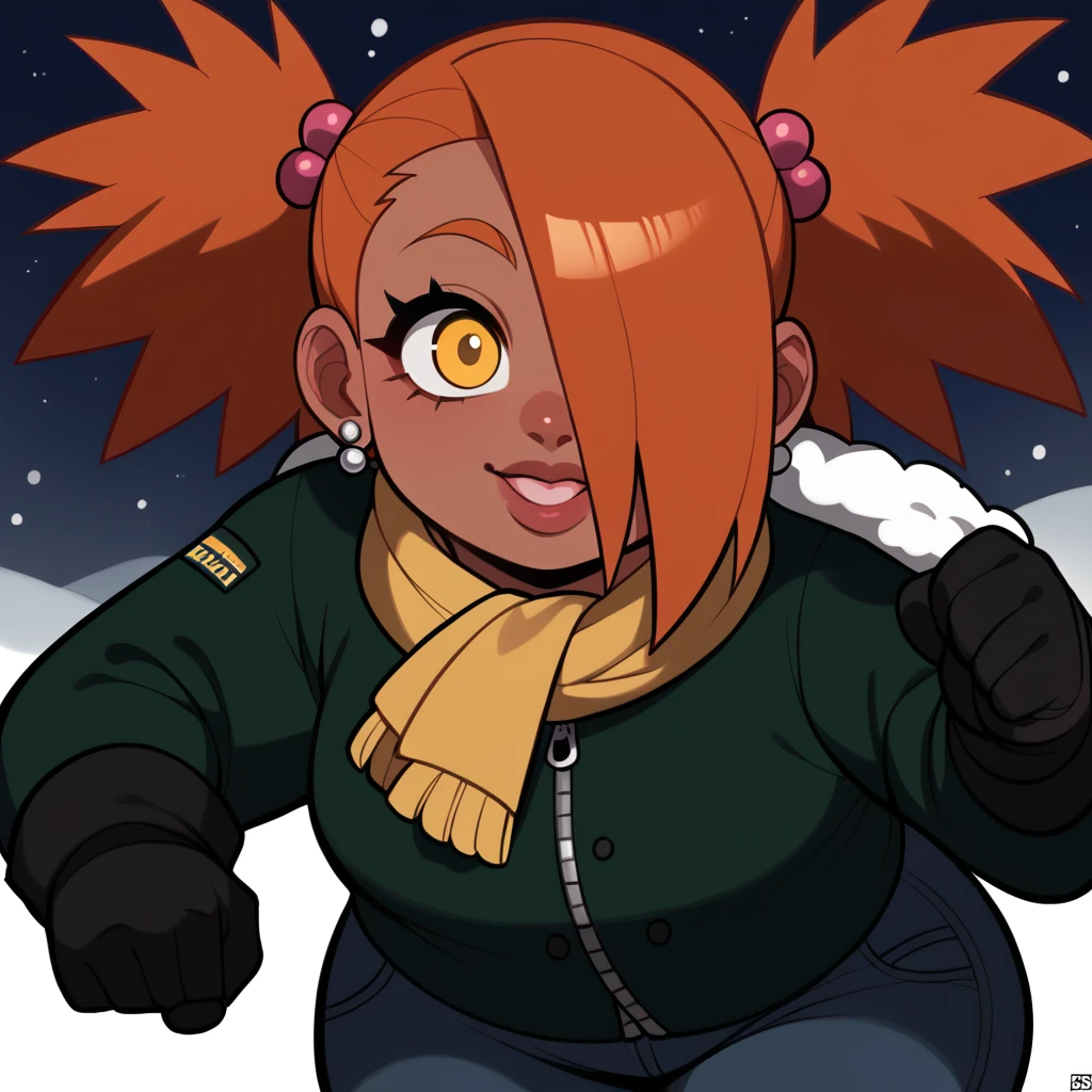 score_9, score_8_up, score_7_up, score_6_up, score_5_up, score_4_up, source_anime, rating_safe, BREAK chouchou akimichi,1girl,dark-skinned female,curvy,orange hair,hair over one eye,two side up,long hair,yellow eyes,hair bobbles,jewelry,earrings,big breats,night,brown winter ear muffs,yellow scarf,green winter jacket,white winter shirt,black winter jeans,sunglasess,winter background,winter gloves,