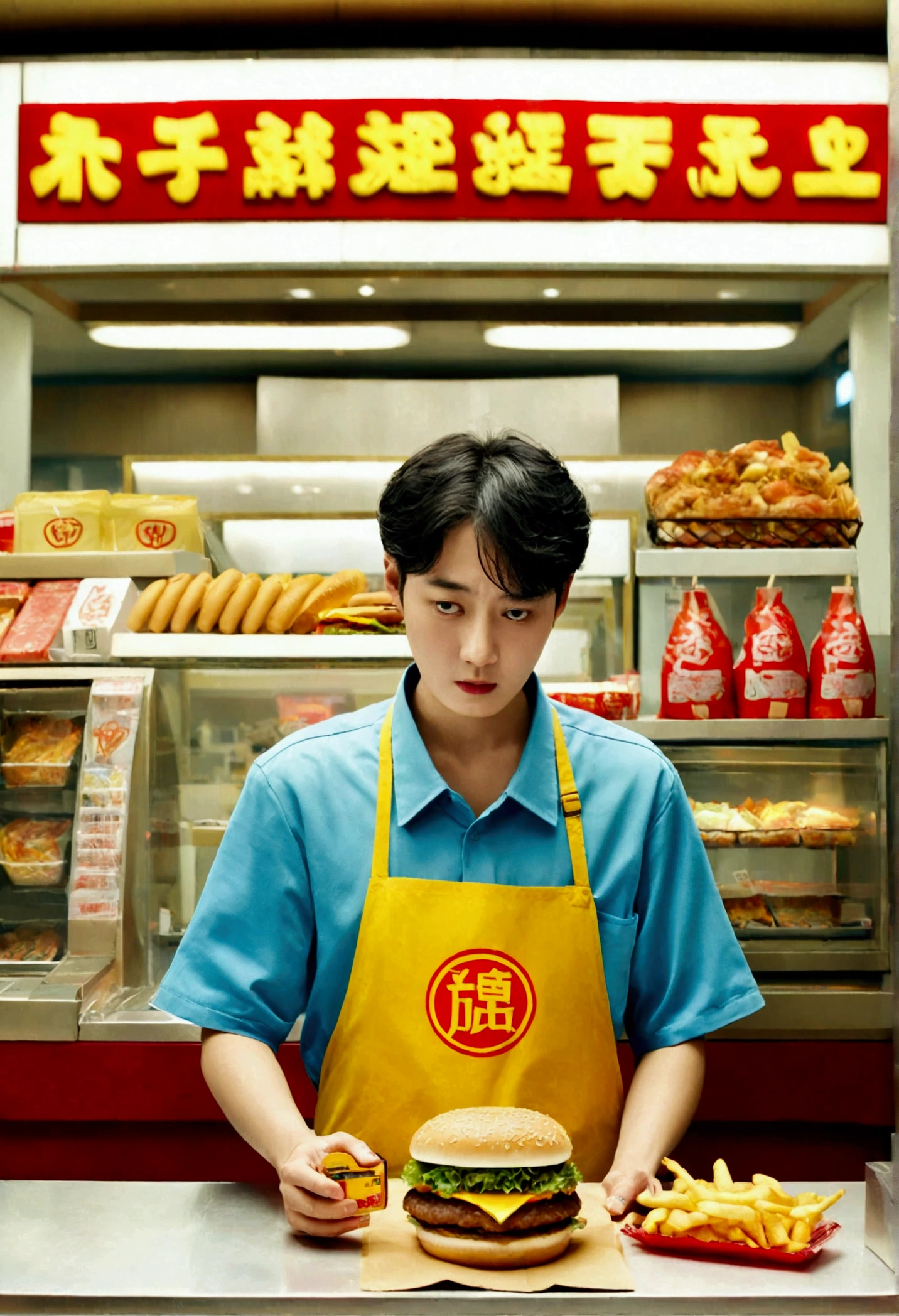 (Fast food clerk), whole body, Award-winning, Movie stills, Emotional, Vignette, dynamic, Vivid, (masterpiece, Highest quality, Professional, Perfect composition, so beautiful, Absurd, Super detailed, Intricate details:1.3), Written by Feng Zikai