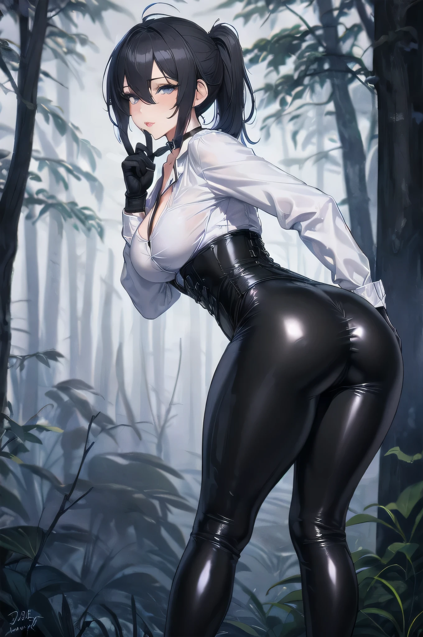 Masterpiece, Beautiful art, professional artist, 8k, art style by sciamano240, Very detailed face, Detailed clothing, detailed fabric, torso leaning forward, 1 girl, torso leaning completely forward, showing the ass, perfect ass, perfectly drawn body, beautiful face, black hair short ponytail, Blue eyes, very detailed eyes, pink cheeks, shy expression, choker:1.6, (white long sleeve button down shirt with white collar), black gloves, gloves that cover hands, (black leather corset), (shiny black leggings), Black leather boots, Sensual Lips , evening de invierno, show details in the eyes, Dark road, dark forest, evening, Atmosphere, fog