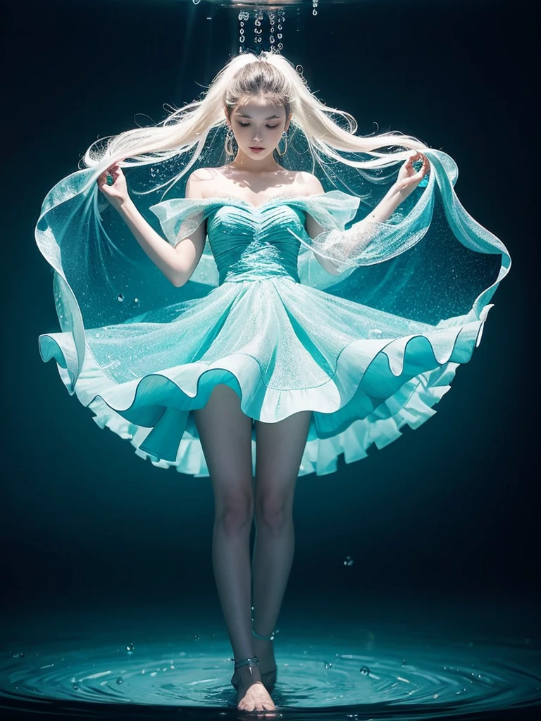 Young woman wearing a dress entirely made of transparent flowing water. Fluid, cascading gown with dynamic water movement. creating a mesmerizing blend of flowing liquid and delicate bubble structures. Dynamic poses, dancing, Shimmering, iridescent water surface with rainbow reflections on bubble areas. Water drops of various sizes forming the dress's texture. High-detail photography, fantasy concept art style. Simple plain light blue background.