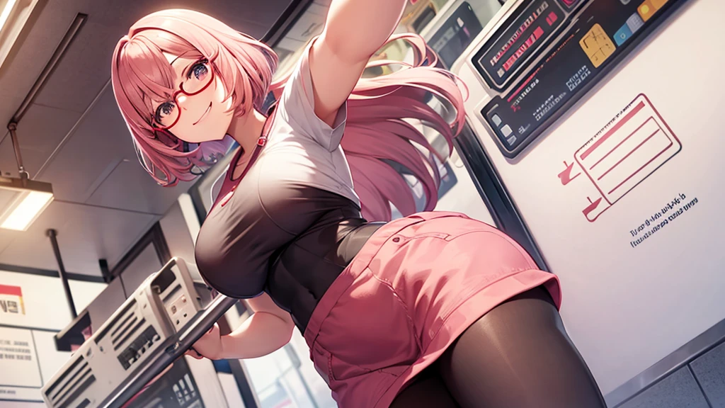 solo,whole body,Standing position right,Light pink hair,Bob Hair,Red Glasses,station,train,smile,Big Breasts,cute,Beckoning