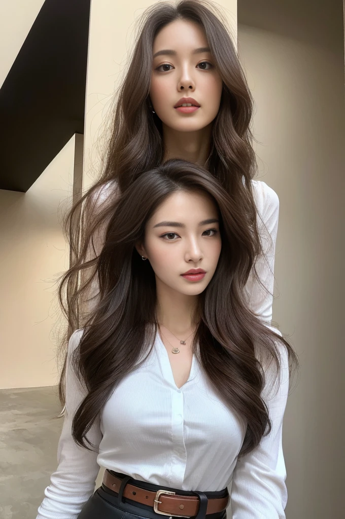(best quality, high resolution, masterpiece :1.3), A tall man、Beautiful woman, Slim abdominal muscles, dark brown wavy hair fulfilled, breast, Wearing a Pendant, White Button-Down Shirt, belt, Black skirt, (Modern architecture background), Exquisite details of face and skin texture, Delicate eyes, Double eyelids