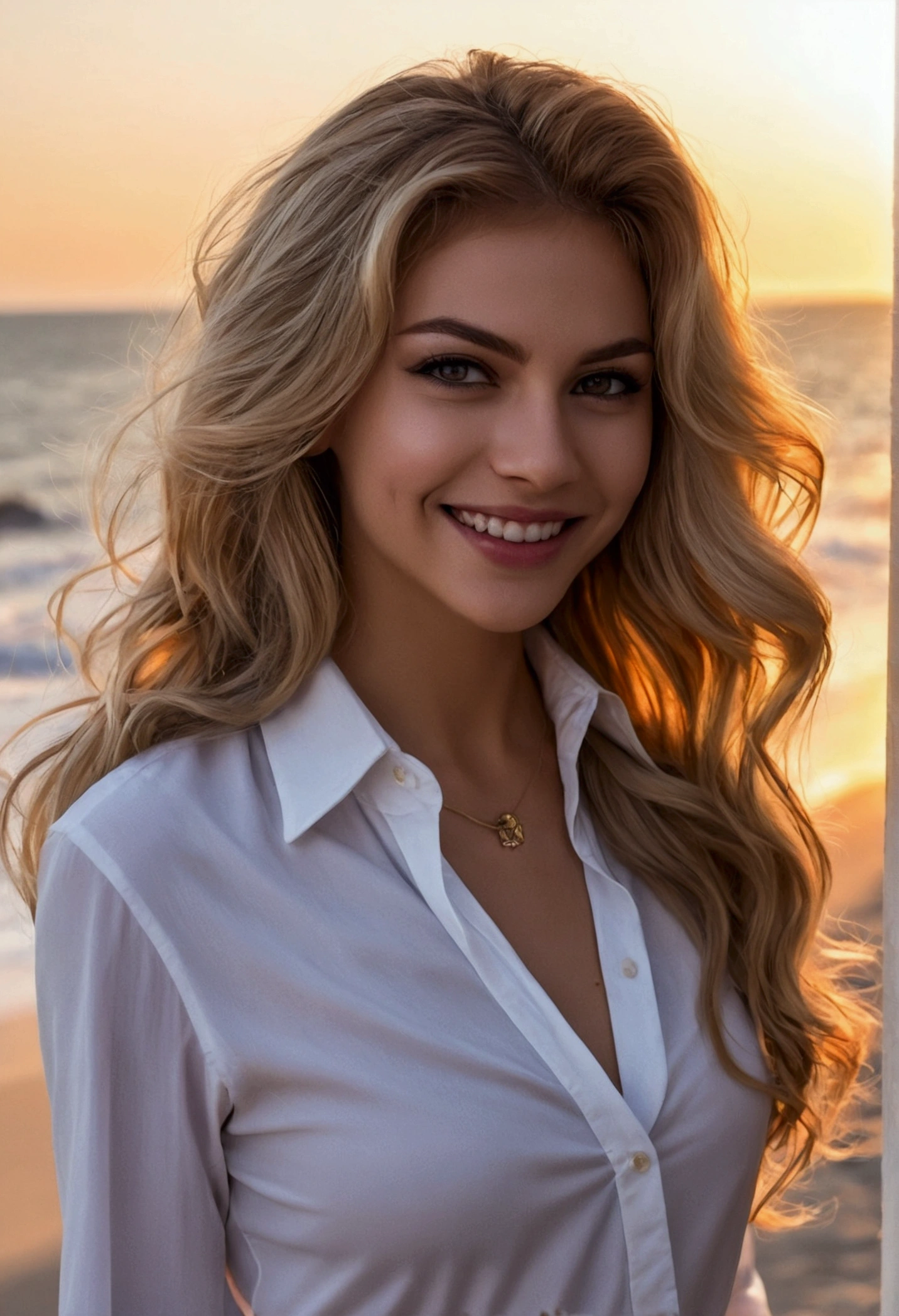 work of art, top-quality, high resolution, work of art, an adult woman, evil smile, evil smile, evil plane, brown fur, Black and white clothing , long hair, Get the eyes, mid-length skirt to the knees, Rooms in the house, Holding the key in hand, 1 girl in, 21 years, standing alone, Long wavy hair, Colossal small, hair blonde longo e bagunçado e ventoso, on a beach with a beautiful sunset, posing for camera facing down, looking at the camera, half smile, biting your lip, hair blonde, (extremely detailed 8k wallpaper), soft lighting, high qualiy, Film grain, Sharp focus Fujifilm XT3, f5.6, 50 mm, high détail, sharp focus,(naturallight), (seducer), elegant shirt, revealing, realisitic, sensuous, portraite, upper body view, addressed