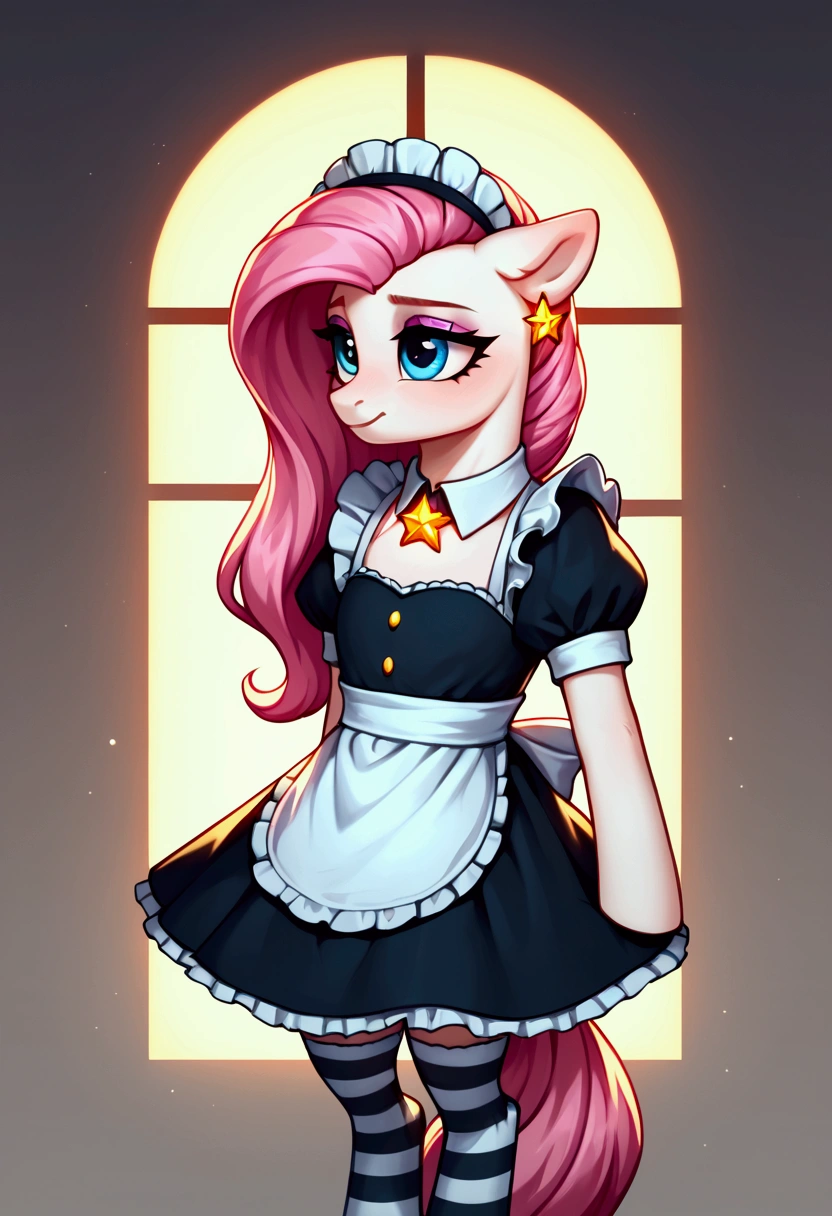 score_9,score_8_up,score_7_up,score_6_up, ((my little pony)), radiant lighting, vibrant colors, whimsical atmosphere, 8K, high resolution, highly detailed, masterpiece, (shy look), ((pony body)), white body, blue eyes, (maid costume), striped stockings, star pendant, earrings, eyeshadow, (very pink hair colour), ((long hair))