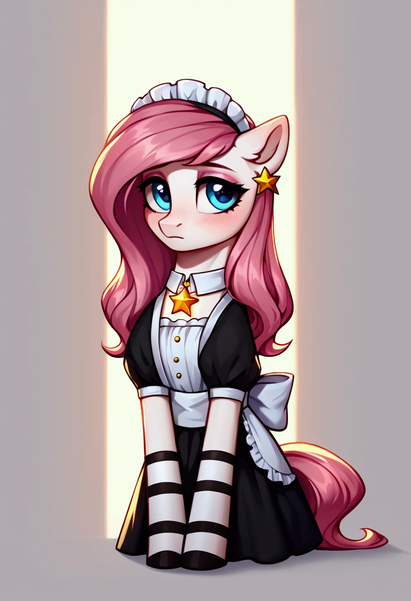 score_9,score_8_up,score_7_up,score_6_up, ((my little pony)), radiant lighting, vibrant colors, whimsical atmosphere, 8K, high resolution, highly detailed, masterpiece, (shy look), ((pony body)), white body, blue eyes, (maid costume), striped stockings, star pendant, earrings, eyeshadow, (very pink hair colour), ((long hair))