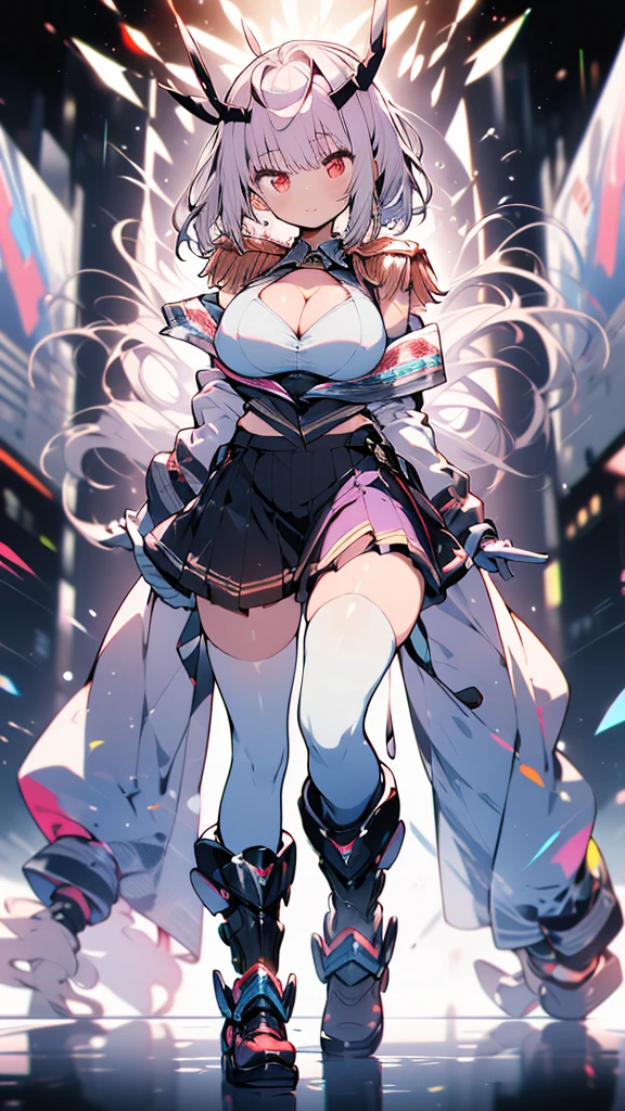 (full body),masterpiece, Highest quality, High resolution, ((Squat,girl座り)),1 person,girl, short hair, Hello, Red eyes, Large Breasts, Cleavage, Epaulettes, White gloves, - Elbow hand pockets, Purple Skirt, Knee socks, Cowboy Shot, (Pose in front),straight, street,