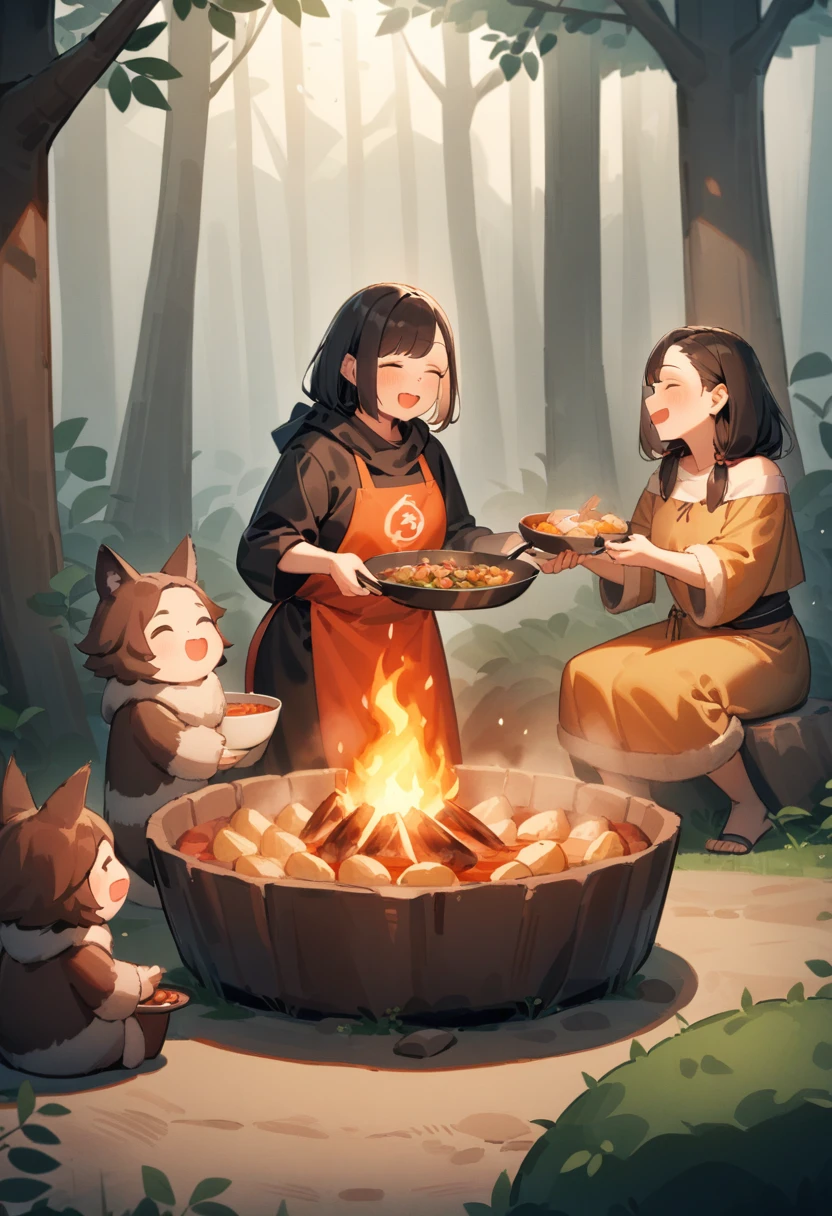 masterpiece, Highest quality, so beautiful, Absurd, up to date, One girl, Asymmetrical bangs, puppet, One girl, alone, Stone Age Feast, 5000 years ago, Large open area, nature, Primitive shelter, Trees and leaves, Animal skin clothing, central fire, cooking, Share your food, A communal atmosphere, A celebratory atmosphere, Laughing person々, talk, Enjoy the feast, nature光, Warm flame glow, Elevation, Wide Shot