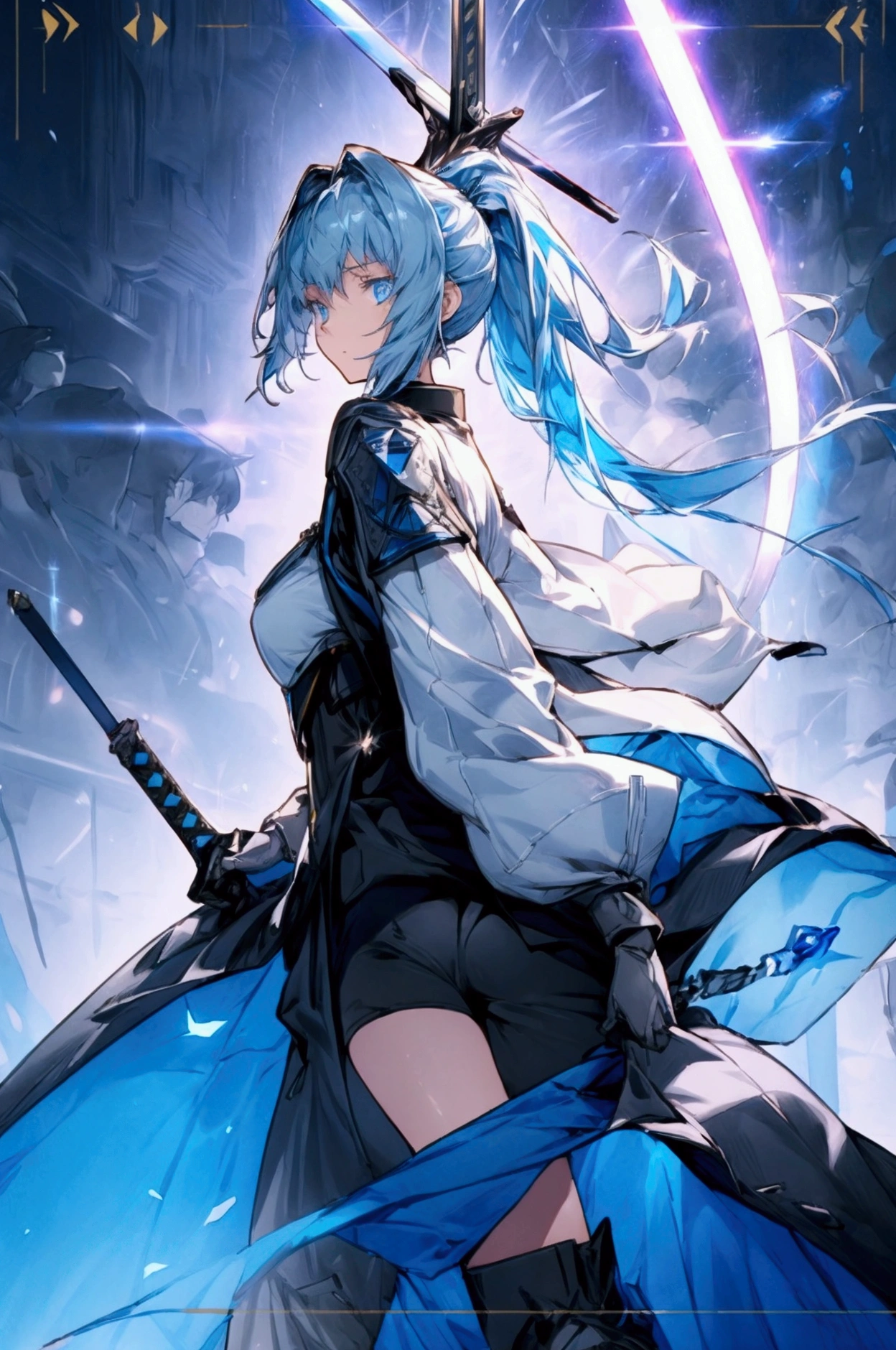  A badass tall woman, (A female commander), ((a leader of a fleet of armies)), White high ponytail with a glowing light blue highlights at the ends, Wielding a sword with deep blue aura, the mystical blade in her hand emitting a bright contrast blue light with a ray of energy, a futuristic intergalactic military uniform, Wearing Black shorts exposing the thighs, with a captain hat, a long simple dark boots. A masterpiece illustration, a light novel cover, best quality, best detail(Light novel illustrations), Arknights style, masterpiece, high quality, detailed.