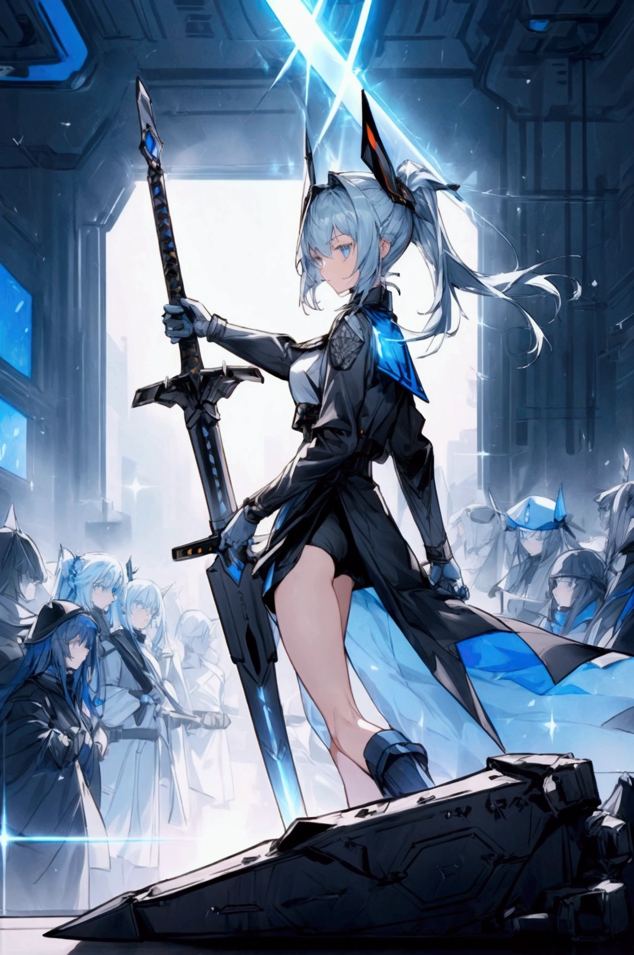 A badass tall woman, (A female commander), ((a leader of a fleet of armies)), White high ponytail with a glowing light blue highlights at the ends, Wielding a sword with deep blue aura, the mystical blade in her hand emitting a bright contrast blue light with a ray of energy, a futuristic intergalactic military uniform, Wearing Black shorts exposing the thighs, with a captain hat, a long simple dark boots. A masterpiece illustration, a light novel cover, best quality, best detail(Light novel illustrations), Arknights style, masterpiece, high quality, detailed.