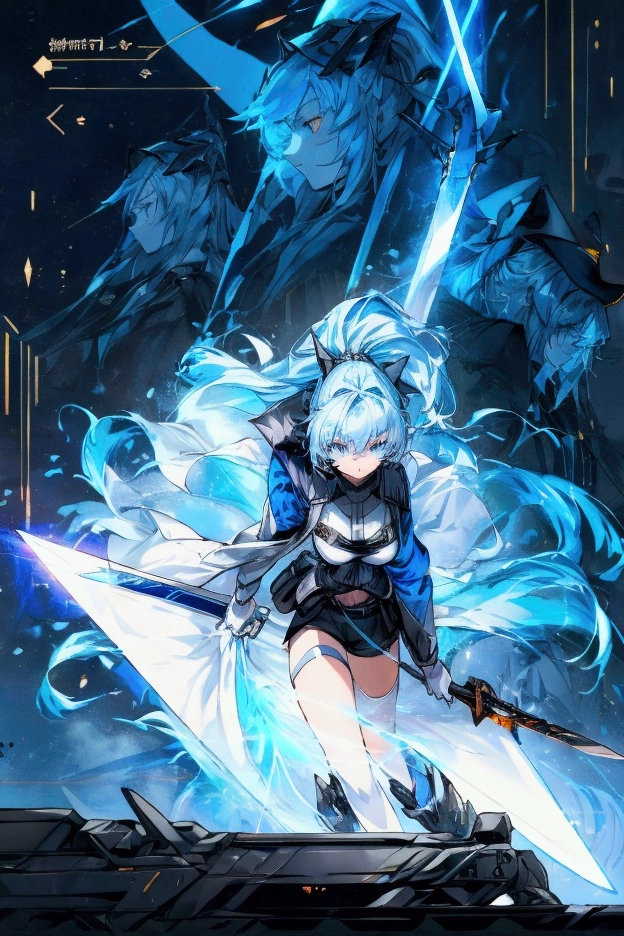  A badass tall woman, (A female commander), ((a leader of a fleet of armies)), White high ponytail with a glowing light blue highlights at the ends, Wielding a sword with deep blue aura, the mystical blade in her hand emitting a bright contrast blue light with a ray of energy, a futuristic intergalactic military uniform, Wearing Black shorts exposing the thighs, with a captain hat, a long simple dark boots. A masterpiece illustration, a light novel cover, best quality, best detail(Light novel illustrations), Arknights style, masterpiece, high quality, detailed.