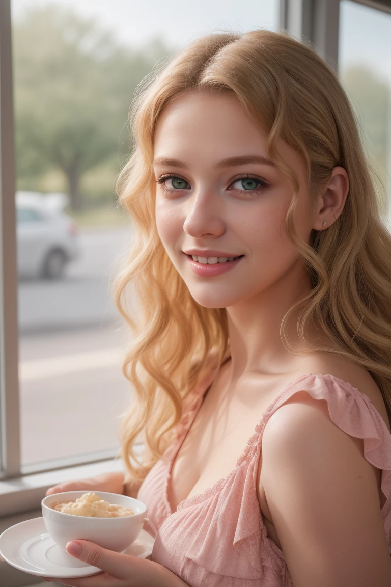a 17 year old blonde curly-haired girl with green eyes, smiling, wearing a baby pink dress, sitting in a cafeteria, (best quality,4k,8k,highres,masterpiece:1.2),ultra-detailed,(realistic,photorealistic,photo-realistic:1.37),detailed face and eyes, beautiful detailed lips, extremely detailed eyes and face, long eyelashes, vibrant colors, natural lighting, cinematic composition, warm color tones, soft focus, intricate details