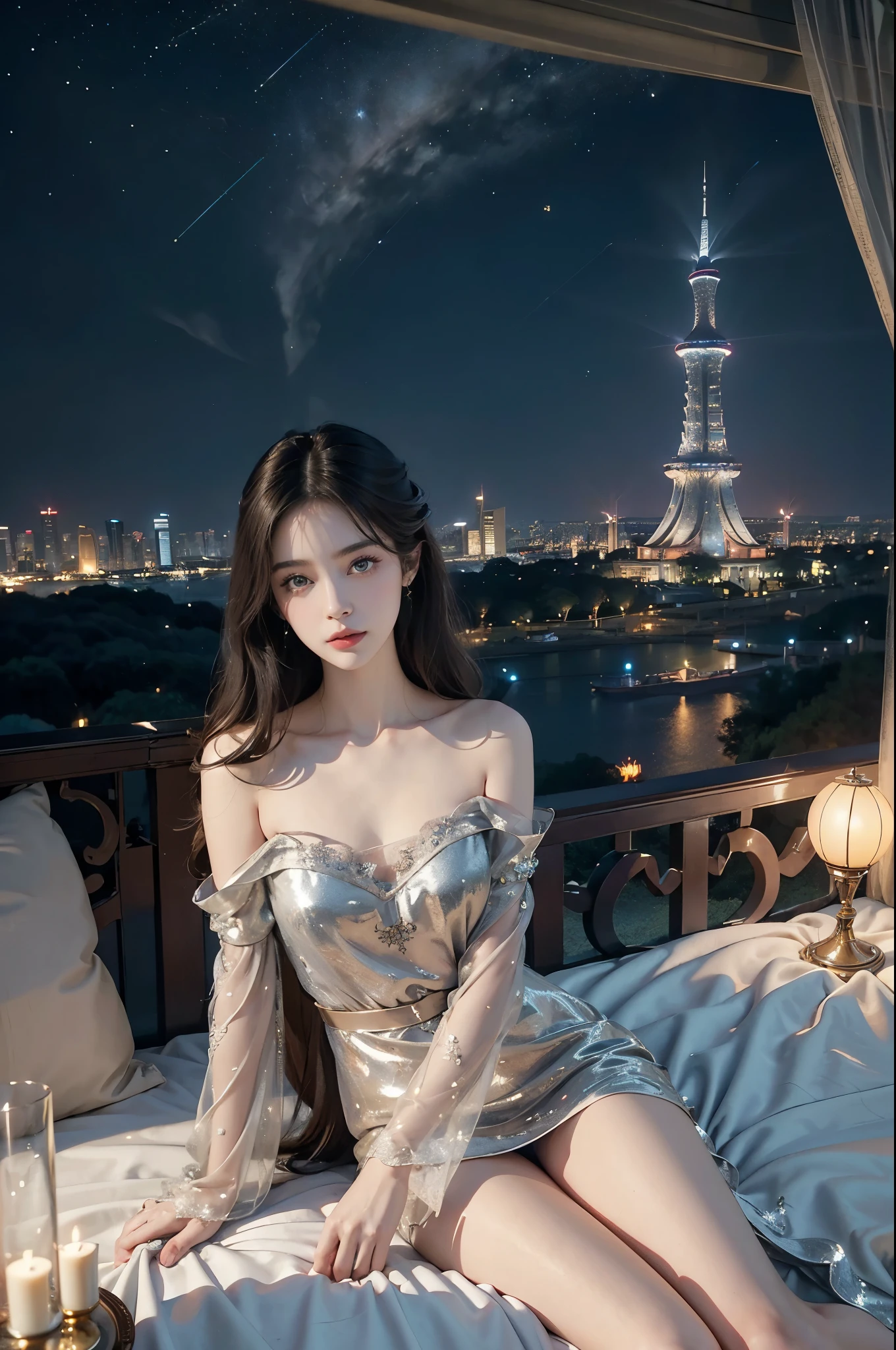 ((best quality)), ((ultra detailed)), ((masterpiece)), illustration,((a beautiful girl,solo)),((slim,thin)),((small breasts,flat chest)),((glamorous nightgown)),((sitting on bed)),((in luxurious hotel bedroom)), ((Canton Tower outside window)), ((summer night)), tasteful decoration, plush furniture, sumptuous fabrics, warm lighting, (sparkling shoulder length straight hair:1.2), mischievous eyes, serene expression, sophistication, allure, city lights, twinkling stars, mysterious aura, captivating scene, awe-inspiring, wonder, magical moment, photograph, essence of summer, allure of night, mystique of Canton Tower, out of this world, fantasy, luxury, beauty, enchanting setting, frozen in time, magical atmosphere