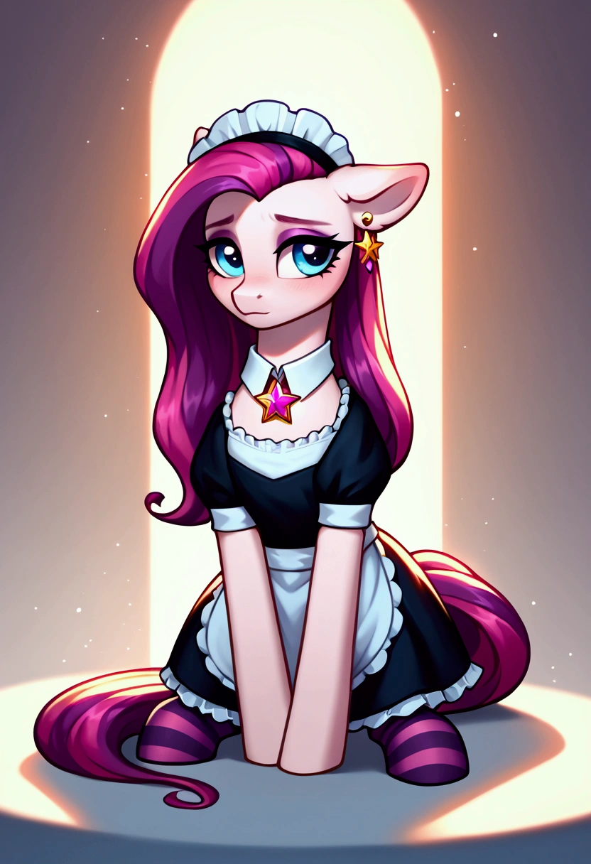 score_9,score_8_up,score_7_up,score_6_up, ((my little pony)), radiant lighting, vibrant colors, whimsical atmosphere, 8K, high resolution, highly detailed, masterpiece, (shy look), ((pony body)), white body, blue eyes, (maid costume), ed stockings, star pendant, earrings, eyeshadow, (brightness magenta colour), ((long hair))