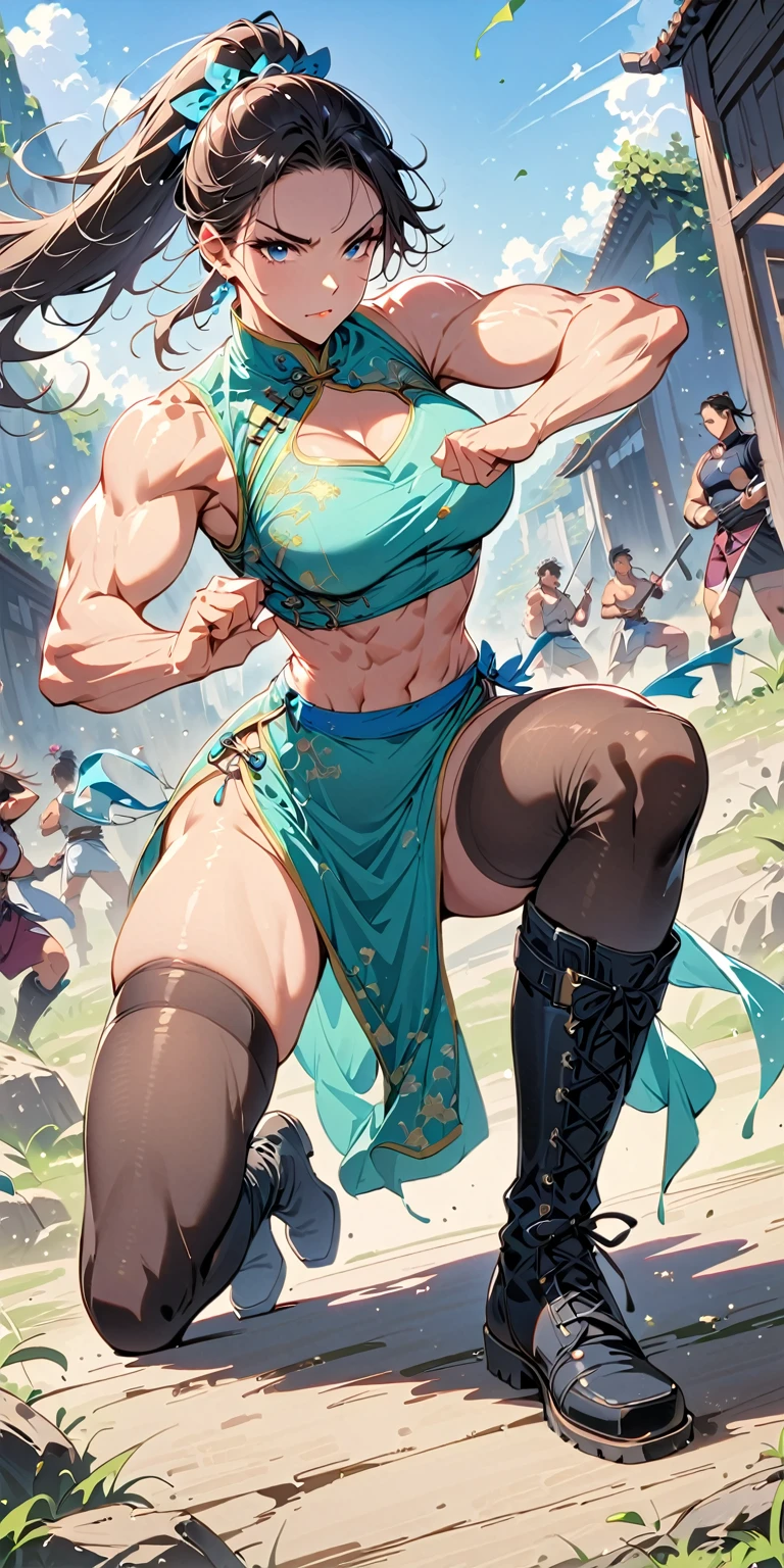 beautiful  muscular woman and doing a knee strike, six pack, no men in background , Chinese dress crop top,  and leggings  and thigh high combat boots, full body portrait