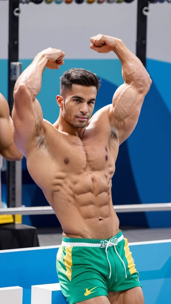 Muscular bodybuilder Brazilian in the Paris 2024 Olympics, for muscular men, tight super thin waist, on steroids