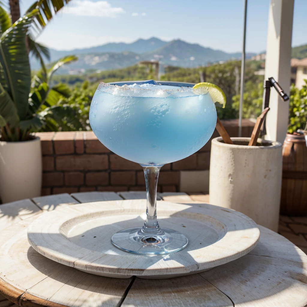 high quality photo of a nice blue mocktail on a wine glass, on a nice round white table.