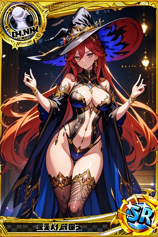 Trading card of (Artwork of exceptional craftsmanship),(Detailed illustrations,(Very ideal anatomy),Very detailed and detailed drawing,Delicate lines with slow and rapid,(Realistic texture expression)),[Color tressed main line],Boiler room background [Golden Gears,Brass Pipe,[Dancing Flames]],HENTAI Anime Fire Witch (Beautiful fece) 19 years old, fiery redhead [Very long long hair] [voluminous thin chest] Thick thighs,[Clear skin, vitality],Witch's Hat Enamel Leather Suit Thigh Boots [Ruby piercings on the navel] [[Phoenix crest]] [Ruffled lace embroidery],[SteamPunk] gravure,(Perfectly proportioned),(Fine and beautiful skin expression [realistic skin detail]),[Design built to the highest level,[Advanced structural understanding of materials],Ideal color coordination],(Intricate and beautiful decoration [Dense detail]),(More on shiny hair),[Perfect hand details [Beautiful Finger]],(Beautiful perfect face [Realistic face details]),[Clear gaze],[long and beautiful eyelashes],[Perfect eye details (Eyes beautifully drawn down to the smallest detail)],(detaileds,high-detail),([Precision Detail],[multi-layer texture],HighQuality,hight resolution),[(Accurate simulation of light-material interactions),Understanding Airflow,Mechanically correct representation],[Visual art that conveys a sense of narrative] [Full body like],[[Desaturation]].