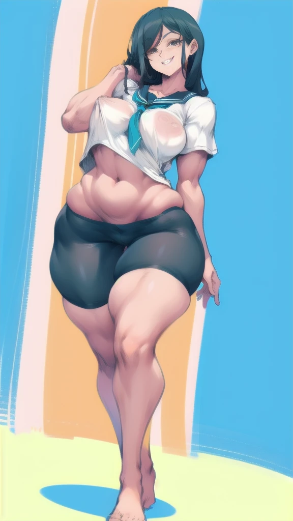 jogger shorts, Full body image of the daughter from Haha Musume Donburi Oppai Tokumori Bonyuu Shiru Dakude, full body in image, wearing her original outfit (school uniform or casual clothing), long black hair, female body, slender and youthful body, dynamic pose, detailed pose, simple background, expressive face showing a happy smile, focus on face, line art, sketch full body in image, full naked woman, naked body, (feet on image), bike shorts, simple hair, female naked body, curvy body, large hips, beautiful woman, thicc body, big thighs, voluptuous body, full thick body, dinamic pose, curve body. detalied pose, body, simple background, expressive face, focus on face, line art, sketch