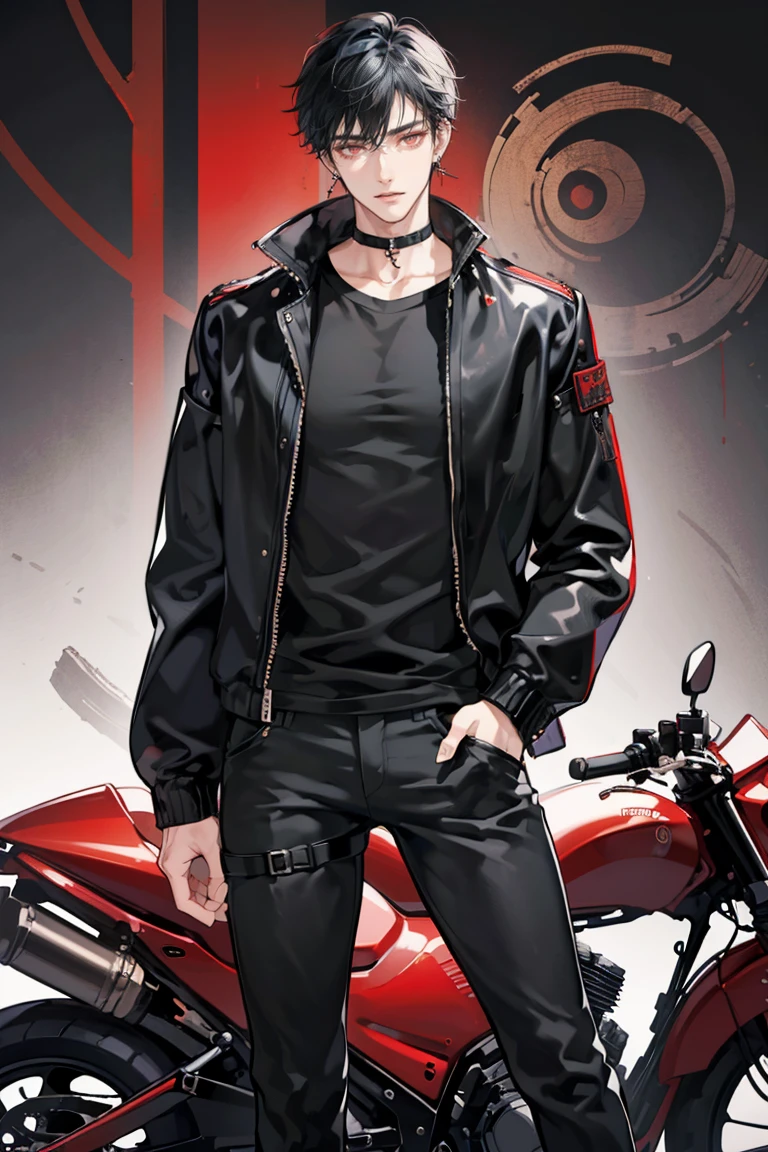 (masterpiece), best quality, seductive eyes, perfect face, handsome man, red eyes, short messy black hair, long nose, plain black t-shirt, black fitted pants, black leather jacket, full body, extremely tall man, long legs, long calves, anime cover, 1boy, ear piercings, hands in pockets, adult-like look, bad boy, motorcycle 
