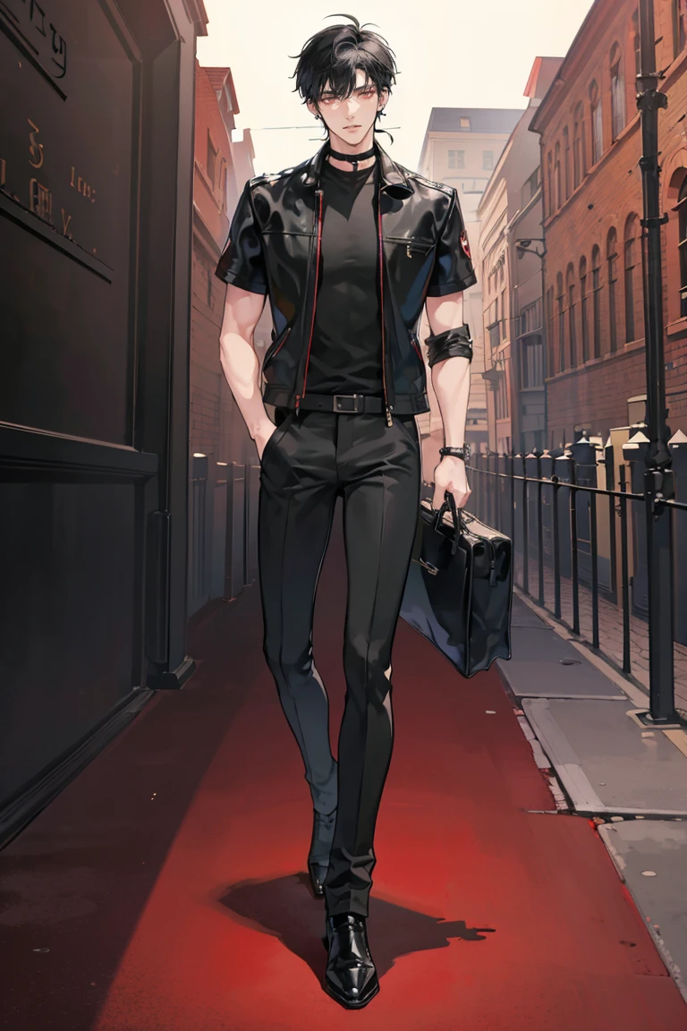 (masterpiece), best quality, seductive eyes, perfect face, handsome man, red eyes, short messy black hair, long nose, plain black t-shirt, black fitted pants, black leather jacket, full body, extremely tall man, long legs, long calves, anime cover, 1boy, ear piercings, hands in pockets, adult-like look, bad boy, motorcycle 
