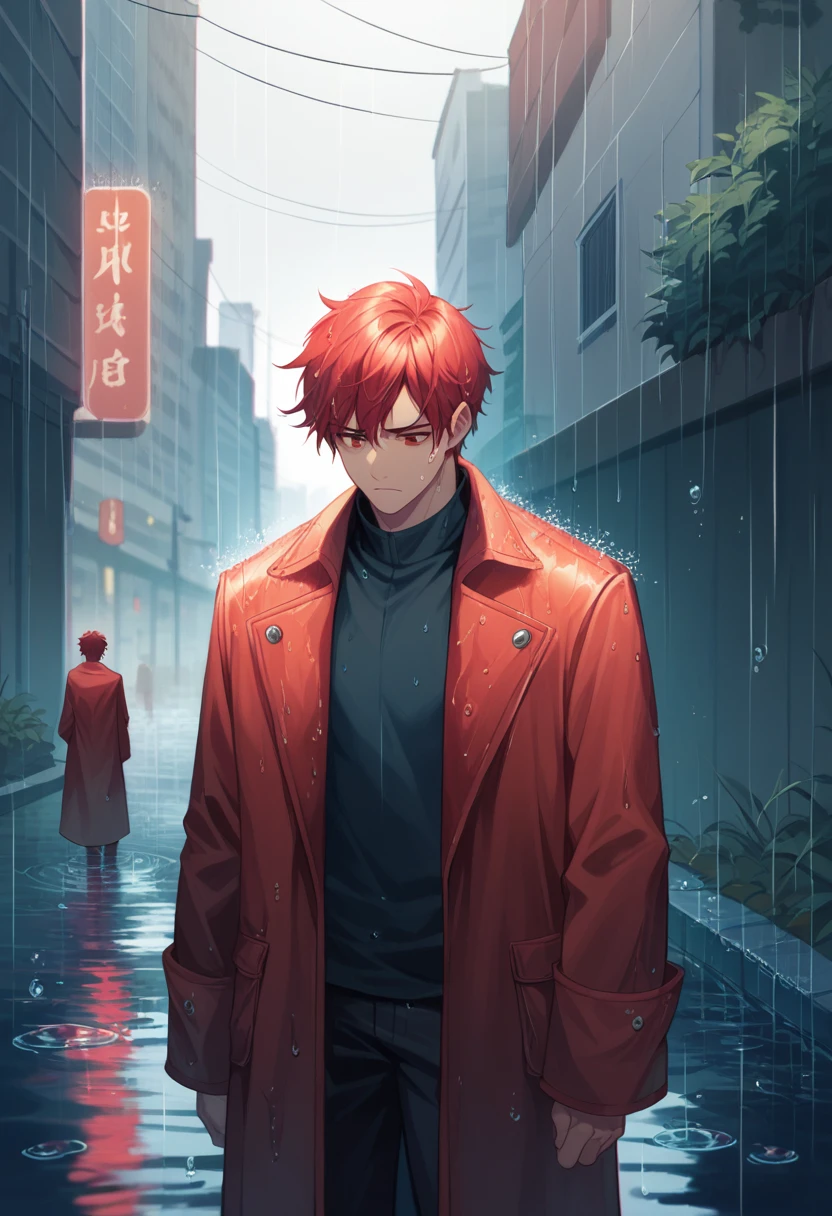 score_9, score_8_up, score_7_up, score_6_up, score_5_up, score_4_up, masterpiece, 1boy, red hair, standing, rain, water, melancholic, city, reflects, detailed, vibrant colors, looking down, sadness, sorrow, water droplets, dishelved, red eyes, emphasizing facial expression, serious expression, handsome, long coat, red long coat