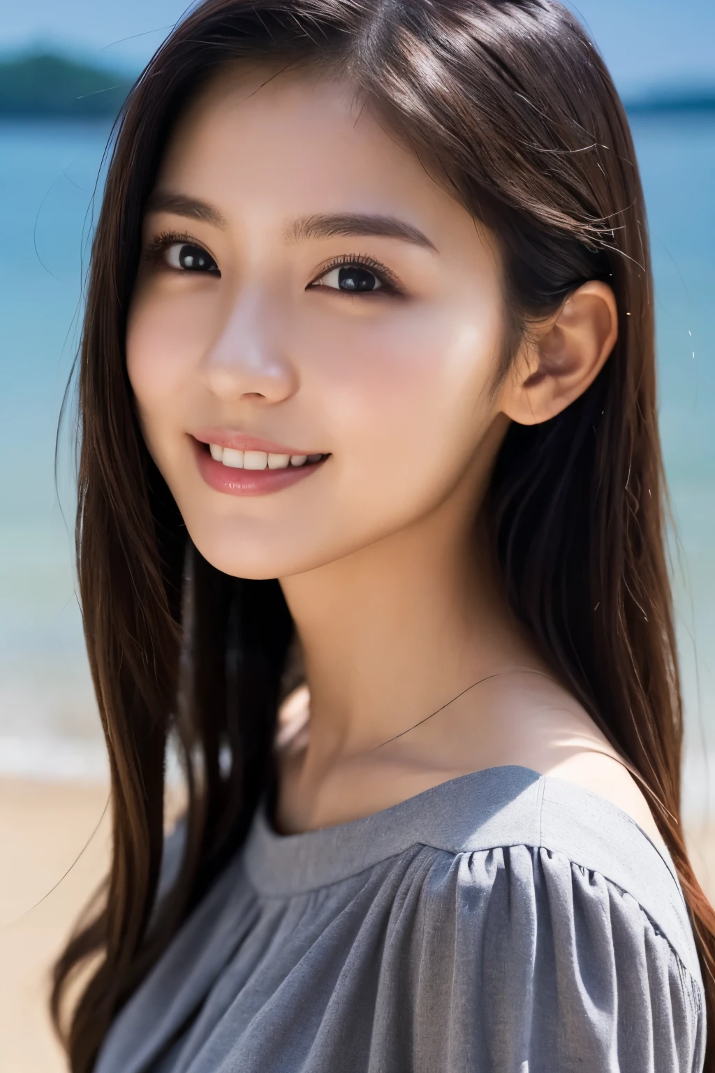 1 Girl, (Wearing a gray dress:1.2), (Supercluster), Very beautiful Japanese idol portraits, 
(RAW Photos, Highest quality), (Realistic, Realistic:1.4), (masterpiece), 
Very delicate and beautiful, Very detailed, 2k wallpaper, wonderful, finely, Very detailed CG Unity 8K wallpaper, Very detailed, High resolution, Soft Light, 
Beautiful detailed girl, Very detailed eyes and face, Beautiful and sophisticated nose, Beautiful and beautiful eyes, Cinema Lighting, 
(Fashion magazine photography:1.3), (Outdoor), (night lighting), (Waterfront), 
(Semi-long hair), 
Complete Anatomy, Slender body, Small breasts, smile