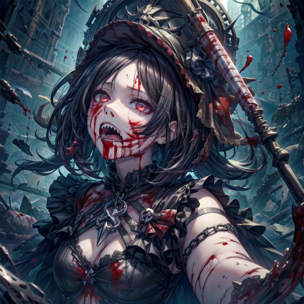 (8K, RAW Photos, Highest quality, masterpiece:1.2),(Realistic, photo-Realistic),Photo Background,Face-only photo,Draw only the face,Look up,Face shot,Scythe Face,Girl Monster, slave,beautiful, Detailed portrait, Delicate facial features, Sharp Eye, Sharp Fangs, Pale skin, Thick chain, Dark Background, Cinema Lighting, Dramatic Shadows, Gothic style, Gloomy atmosphere, Dark fantasy, One Girl, , Please open your mouth wide, Open your mouth and baring your teeth,Sharp teeth like a beast, Wide lips, very wide mouth, Vermilion cheeks, ,(Blood splatter:1.6),Scary face, Laughter Witch design, Twisted smile、Bloodstained、bleeding from the head,,、Blood splatter、,(Blood splatter:1.6),Crossbones, skull, , Horror Style,
