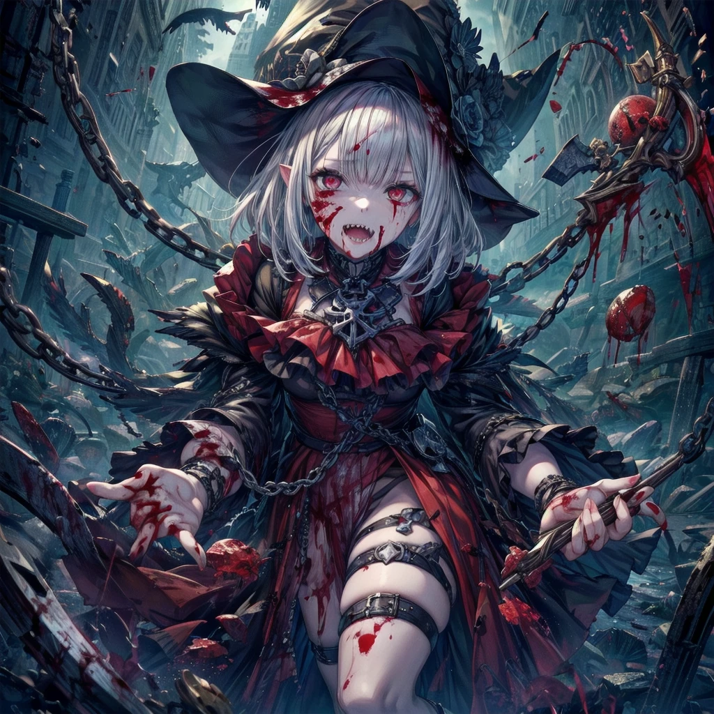 (8K, RAW Photos, Highest quality, masterpiece:1.2),(Realistic, photo-Realistic),Photo Background,Face-only photo,Draw only the face,Look up,Face shot,Scythe Face,Girl Monster, slave,beautiful, Detailed portrait, Delicate facial features, Sharp Eye, Sharp Fangs, Pale skin, Thick chain, Dark Background, Cinema Lighting, Dramatic Shadows, Gothic style, Gloomy atmosphere, Dark fantasy, One Girl, , Please open your mouth wide, Open your mouth and baring your teeth,Sharp teeth like a beast, Wide lips, very wide mouth, Vermilion cheeks, ,(Blood splatter:1.6),Scary face, Laughter Witch design, Twisted smile、Bloodstained、bleeding from the head,,、Blood splatter、,(Blood splatter:1.6),Crossbones, skull, , Horror Style,