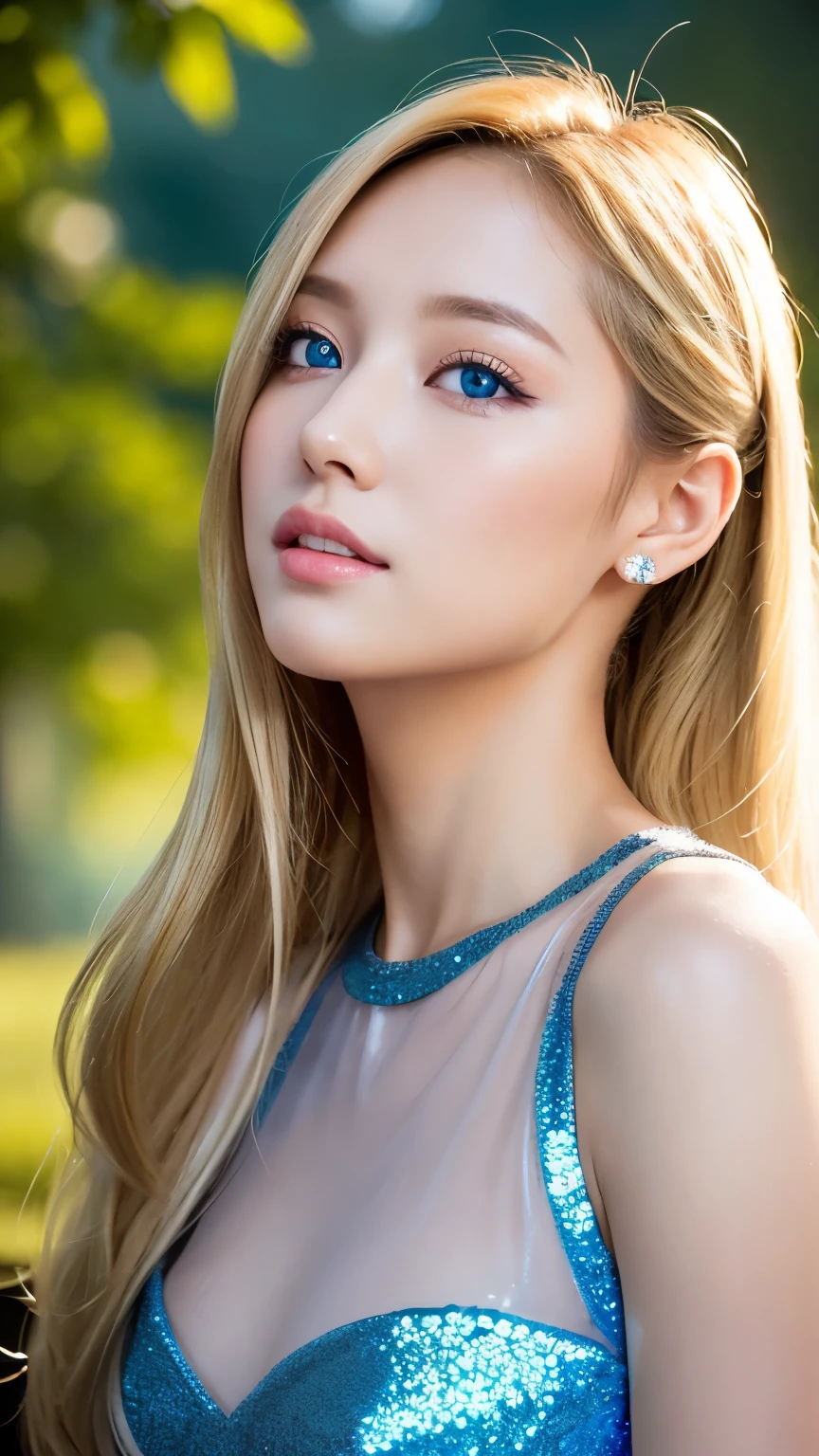 shy smile、nighttime、Live shooting、(((The ultimate beauty portrait)))、((Glowing skin))、1 woman、Beautiful 14 year old girl in Prague、Looks brilliant、((Bright, shiny blonde hair))、(rift)、(See-through open front.:1.5)、(Underwear set top and bottom)、((Big blue eyes that sparkled like gems.))、The eyes are very big.、Shiny skin、(My hair is really long and straight.)、(Soft and smooth ponytail)、eyeliner、Smooth and beautiful、blonde between eyeasterpiece、最High quality、Awesome details、film light、complicated details、high resolution、very detailed))、Detailed background、8 Kush、Digital single-lens reflection、soft light、High quality、Film texture、Fujifilm XT3 、Shallow depth of field、natural light、look up、rich chest、Cheek highlighter、high contrast, (Fuji colors: 1.5), film grain, Ultra high res.photorealistic:1.4,UHD
