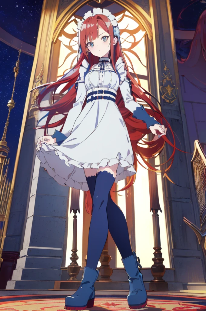 [(cathedral background:1.4)::5],original,(illustration:1.1),(best quality),(masterpiece:1.1),(extremely detailed CG unity 8k wallpaper:1.1), (colorful:0.9),(mid shot:0.95),(full body:1.5),Dynamic angle,(solo:1.2), (girl),((adult)), (detailed beautiful eyes:1.15), (beautiful face:1.15), (glowing red eyes:1.25////),((medium hair)),((split-color hair,red hair,blue hair)),(high twintails),(chignon),(+perfect hand+:1.21),(Draw an illustration of a gothic girl),(Religious),(slender),(is wearing boots on her feet),((is wearing white maid clothes)),(furious), Lace Off-shoulder lolita fashion,beautiful slender woman,high twintails,((split-color hair,red hair,blue hair)),((split-color hair,red hair,blue hair)),from side,((split-color hair,red hair,blue hair)),