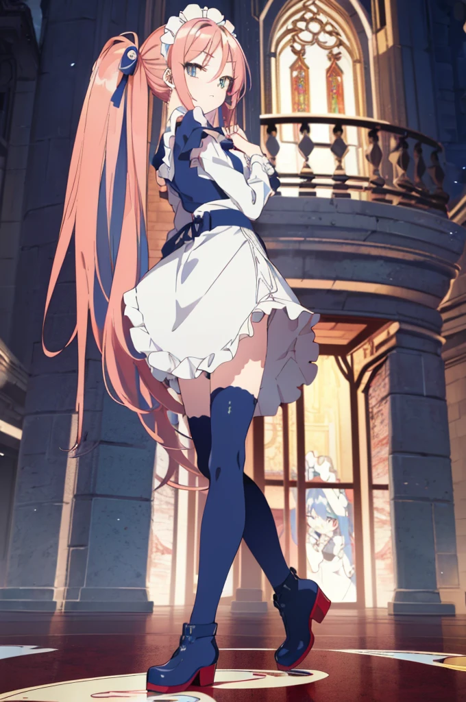 [(cathedral background:1.4)::5],original,(illustration:1.1),(best quality),(masterpiece:1.1),(extremely detailed CG unity 8k wallpaper:1.1), (colorful:0.9),(mid shot:0.95),(full body:1.5),Dynamic angle,(solo:1.2), (girl),((adult)), (detailed beautiful eyes:1.15), (beautiful face:1.15), (glowing red eyes:1.25////),((medium hair)),((split-color hair,red hair,blue hair)),(high twintails),(chignon),(+perfect hand+:1.21),(Draw an illustration of a gothic girl),(Religious),(slender),(is wearing boots on her feet),((is wearing white maid clothes)),(furious), Lace Off-shoulder lolita fashion,beautiful slender woman,high twintails,((split-color hair,red hair,blue hair)),((split-color hair,red hair,blue hair)),from side,((split-color hair,red hair,blue hair)),