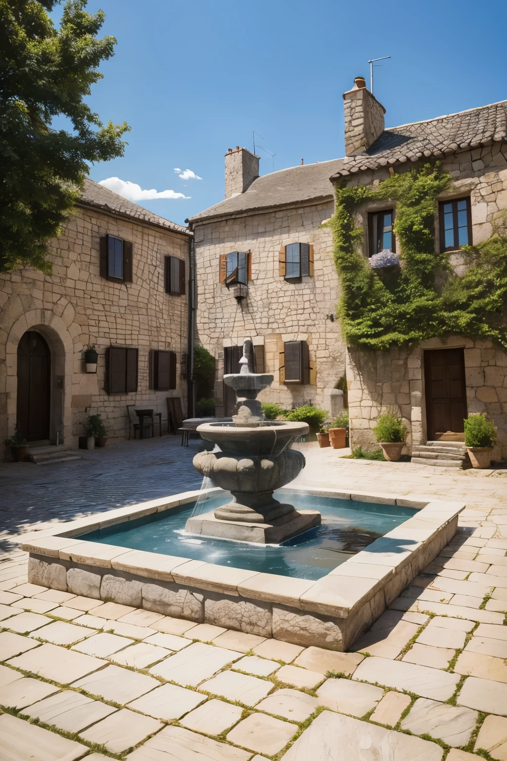 ((better quality)), (detailed), (large square in a medieval village, with a water fountain gushing upwards, located on the left side of the square, on a summer afternoon, with medieval houses and stone floors)