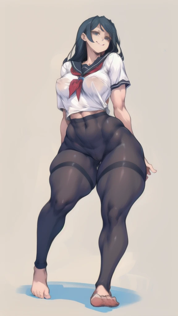 Full body image of the daughter from Haha Musume Donburi Oppai Tokumori Bonyuu Shiru Dakude, full body in image, wearing her original outfit (school uniform or casual clothing), long black hair, female body, slender and youthful body, dynamic pose, detailed pose, simple background, expressive face showing a happy smile, focus on face, line art, sketch full body in image, full naked woman, naked body, (feet on image), bike shorts, simple hair, female naked body, curvy body, large hips, beautiful woman, thicc body, big thighs, voluptuous body, full thick body, dinamic pose, curve body. detalied pose, body, simple background, expressive face, focus on face, line art, sketch
