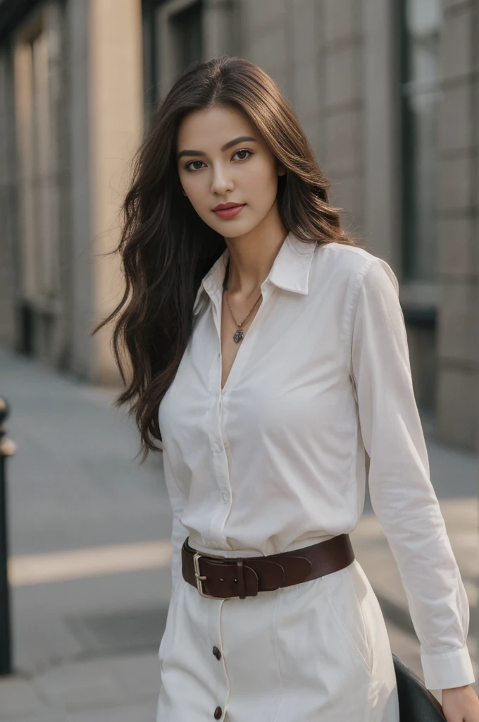 (best quality, high resolution, masterpiece :1.3), A tall man、Beautiful woman, Slim abdominal muscles, dark brown wavy hair fulfilled, breast, Wearing a Pendant, White Button-Down Shirt, belt, Black skirt, (Bustling big city background),night， Exquisite details of face and skin texture, Delicate eyes, Double eyelids