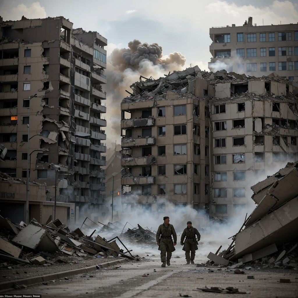 A fierce confrontation in the devastated streets of Stalingrad. German soldiers advance through the rubble, facing fierce resistance from Soviet defenders. The surrounding buildings are in ruins, and the atmosphere is heavy with smoke and debris. In the cloudy sky, fighter planes fly low, adding a sense of chaos and destruction to the battle scene