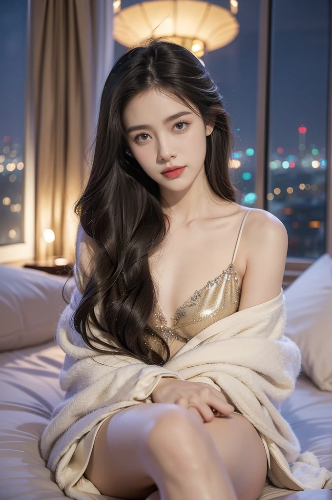 ((best quality)), ((ultra detailed)), ((masterpiece)), illustration,((a beautiful girl,solo)),((slim,thin)),((small breasts,flat chest)),((glamorous nightgown)),((sitting on bed)),((in luxurious hotel bedroom)), ((Canton Tower outside window)), ((summer night)), tasteful decoration, plush furniture, sumptuous fabrics, warm lighting, (sparkling shoulder length straight hair:1.2), mischievous eyes, serene expression, sophistication, allure, city lights, twinkling stars, mysterious aura, captivating scene, awe-inspiring, wonder, magical moment, photograph, essence of summer, allure of night, mystique of Canton Tower, out of this world, fantasy, luxury, beauty, enchanting setting, frozen in time, magical atmosphere