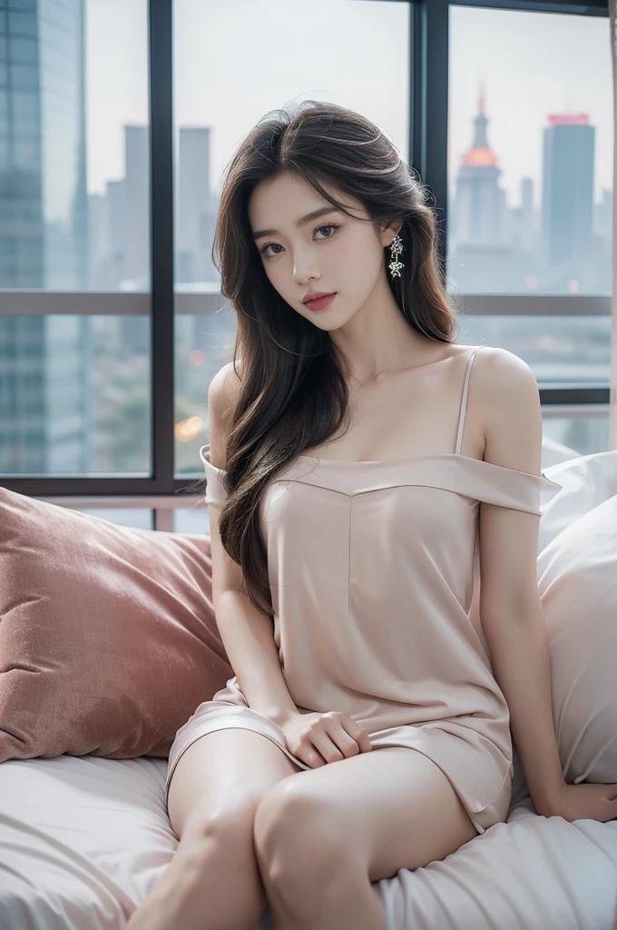 ((best quality)), ((ultra detailed)), ((masterpiece)), illustration,((a beautiful girl,solo)),((slim,thin)),((small breasts,flat chest)),((glamorous nightgown)),((sitting on bed)),((in luxurious hotel bedroom)), ((Canton Tower outside window)), ((summer night)), tasteful decoration, plush furniture, sumptuous fabrics, warm lighting, (sparkling shoulder length straight hair:1.2), mischievous eyes, serene expression, sophistication, allure, city lights, twinkling stars, mysterious aura, captivating scene, awe-inspiring, wonder, magical moment, photograph, essence of summer, allure of night, mystique of Canton Tower, out of this world, fantasy, luxury, beauty, enchanting setting, frozen in time, magical atmosphere