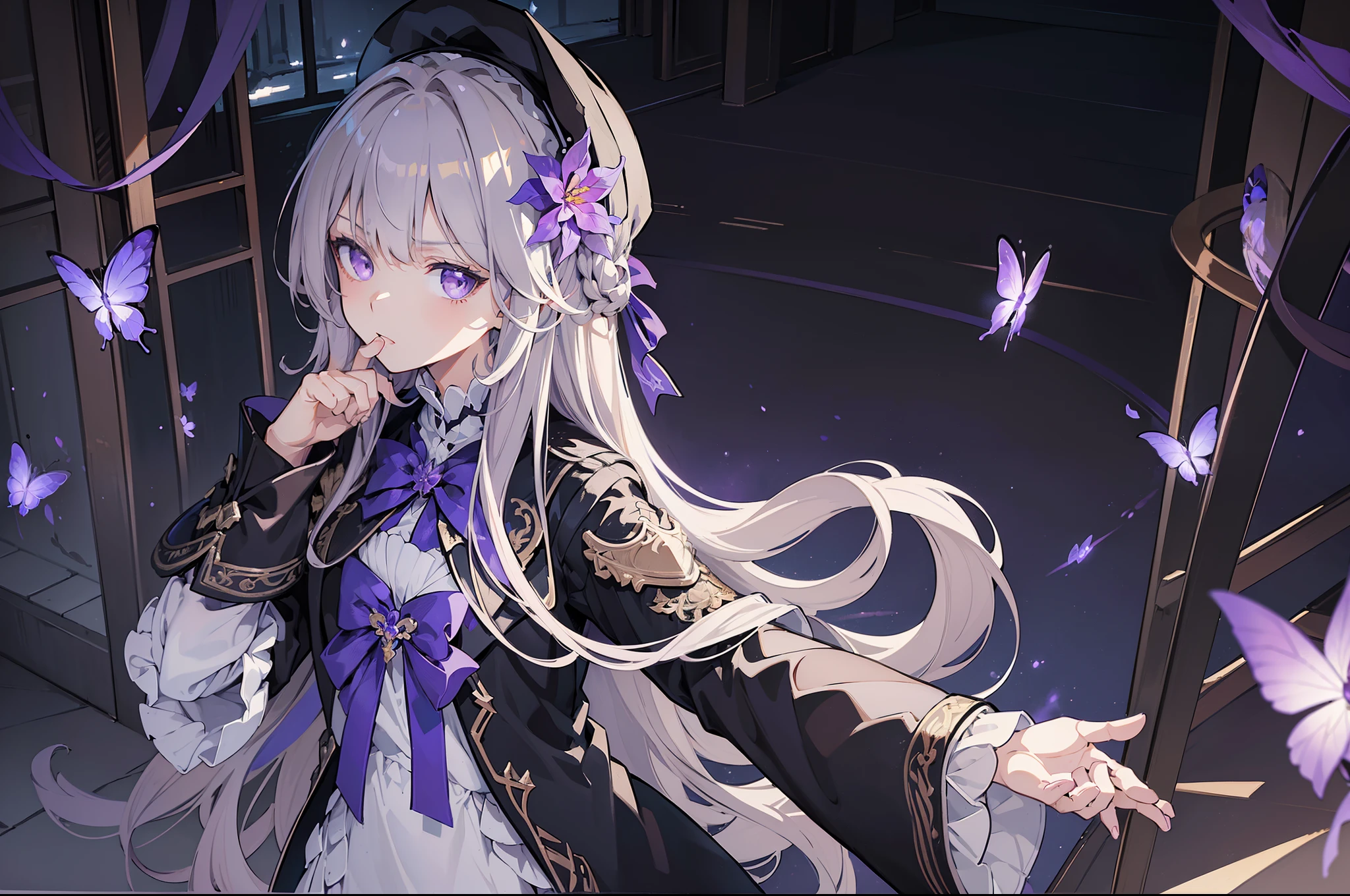 (best quality:1.3), (masterpiece:1.3), (illustration:1.3), (ultra-detailed:1.3), 1girl, solo, very young, flat chest, purple eyes, white hair, long hair, black dress, white coat, black beret, serious expression, angry expression, looking at viewer, purple flower, hair ornament, short, french braid, night sky, glowing purple butterfly, indoors, estate, mansion,