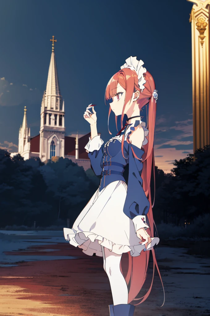 [(cathedral background:1.4)::5],original,(illustration:1.1),(best quality),(masterpiece:1.1),(extremely detailed CG unity 8k wallpaper:1.1), (colorful:0.9),(mid shot:0.95),(full body:1.5),Dynamic angle,(solo:1.2), (girl),((adult)), (detailed beautiful eyes:1.15), (beautiful face:1.15), (glowing red eyes:1.25////),((medium hair)),((split-color hair,red hair,blue hair)),(high twintails),(chignon),(+perfect hand+:1.21),(Draw an illustration of a gothic girl),(Religious),(slender),(is wearing boots on her feet),((is wearing white maid clothes)),(furious), Lace Off-shoulder lolita fashion,beautiful slender woman,high twintails,((split-color hair,red hair,blue hair)),((split-color hair,red hair,blue hair)),from side,((split-color hair,red hair,blue hair)),