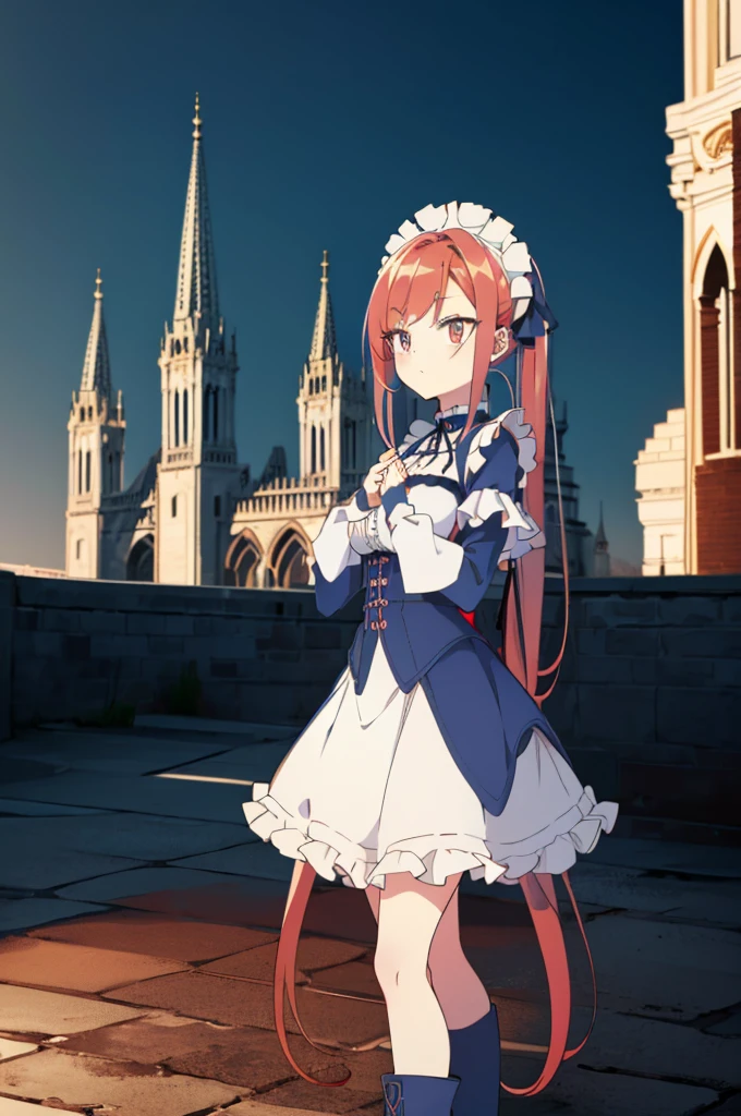 [(cathedral background:1.4)::5],original,(illustration:1.1),(best quality),(masterpiece:1.1),(extremely detailed CG unity 8k wallpaper:1.1), (colorful:0.9),(mid shot:0.95),(full body:1.5),Dynamic angle,(solo:1.2), (girl),((adult)), (detailed beautiful eyes:1.15), (beautiful face:1.15), (glowing red eyes:1.25////),((medium hair)),((split-color hair,red hair,blue hair)),(high twintails),(chignon),(+perfect hand+:1.21),(Draw an illustration of a gothic girl),(Religious),(slender),(is wearing boots on her feet),((is wearing white maid clothes)),(furious), Lace Off-shoulder ta fashion,beautiful slender woman,high twintails,((split-color hair,red hair,blue hair)),((split-color hair,red hair,blue hair)),from side,((split-color hair,red hair,blue hair)),