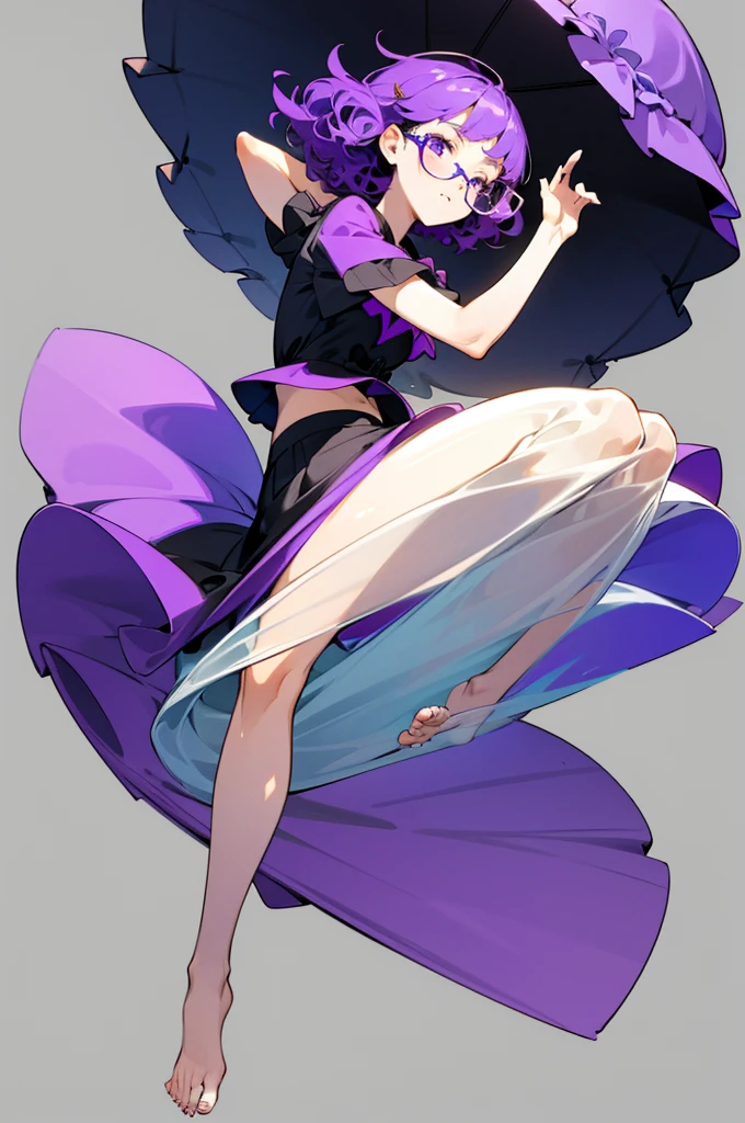 one girl, short very curly purple hair with dark purple strand, glasses, two-piece black and white color  flower theme simple swim outfit, simple detaled, lovable, no background, dynamic cute pose,, full body ,detaled feet,short blouse  flowers,art, long airy skirt, summer hat, 