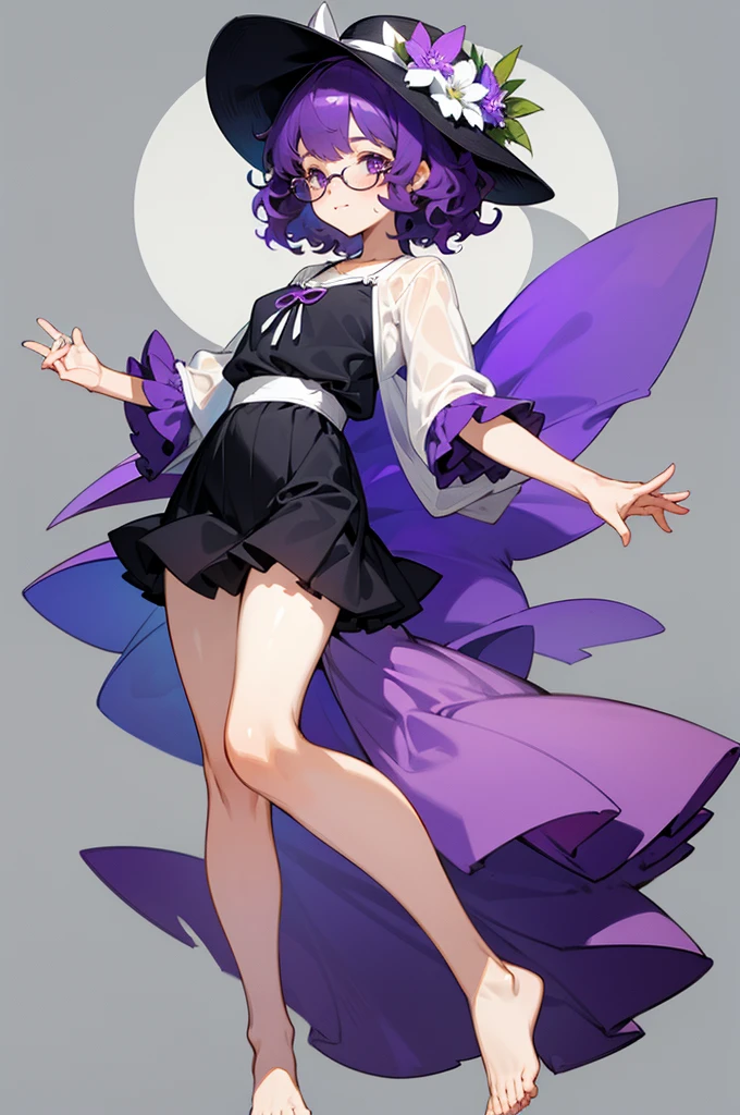 one girl, short very curly purple hair with dark purple strand, glasses, two-piece black and white color  summer flower theme simple swim outfit, simple detaled, lovable, no background, dynamic nikko pose,, full body ,detaled feet,short blouse  flowers,art, long airy skirt, summer hat, 