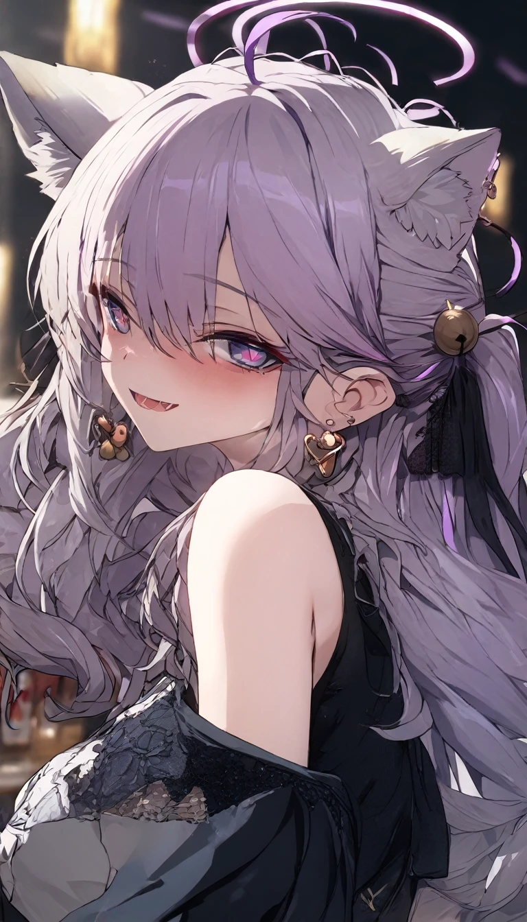 Striped hair, Messy hair, Purple hair, Silver hair, huge ahoge, bell, Heart-shaped pupils, mismatched pupils, Fox ears, Heart earrings, Cat ears, drunk, Seductive smile, High detail, Depth of field, hyper HD,  A high resolution, Masterpiece