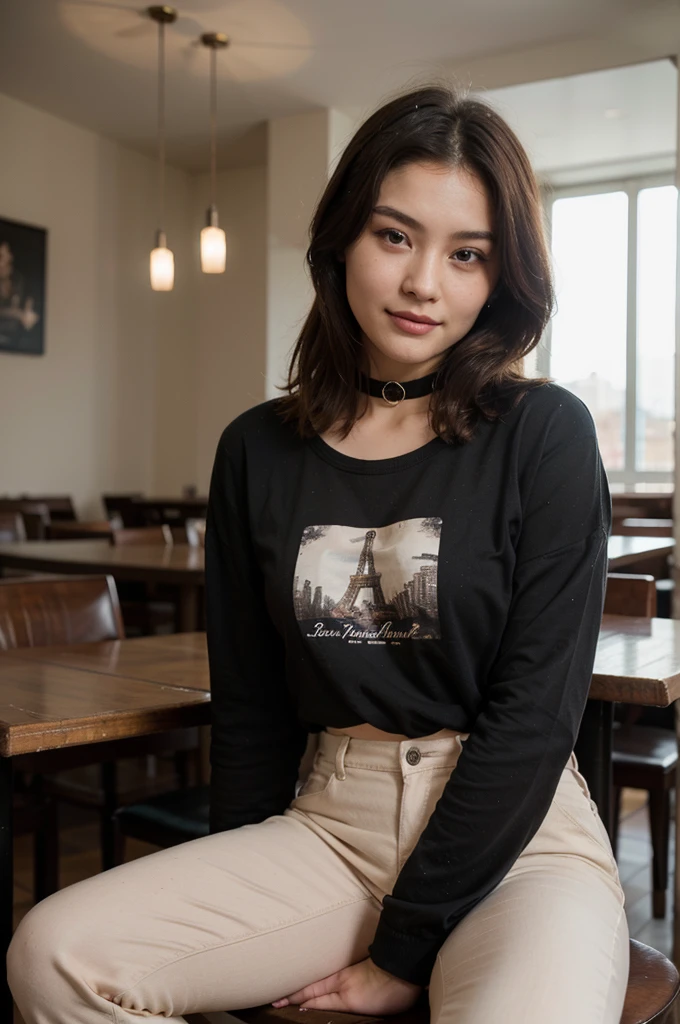 top-quality、masterpiece、超A high resolution、(realisitic:1.4)、Beautuful Women1、Beautiful detail eyes and skin、smile、Light brown middle-cut hair, She is Wearing a long t-shirt, gorgeous chinese model, photo of slim girl model, IG-Modell, beautiful female model, in the paris, Choker, women's trousers, long t-shirt, women's jacket, Eiffel Tower, women's watch, sitting in the restaurant