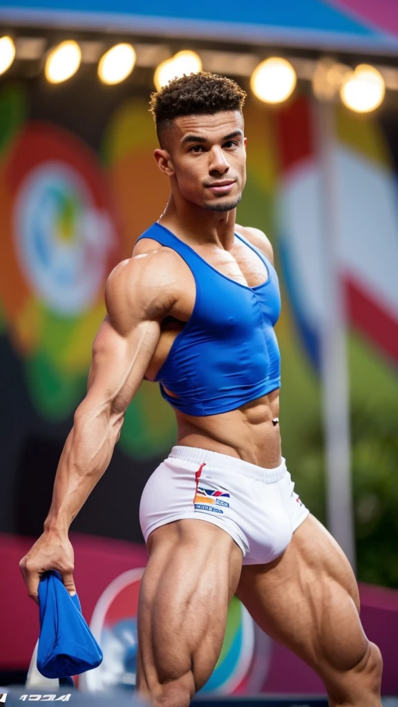 Muscular male bodybuilder teeneger Brazilian in the Paris 2024 Olympics, for muscular men, tight super thin waist, on steroids 