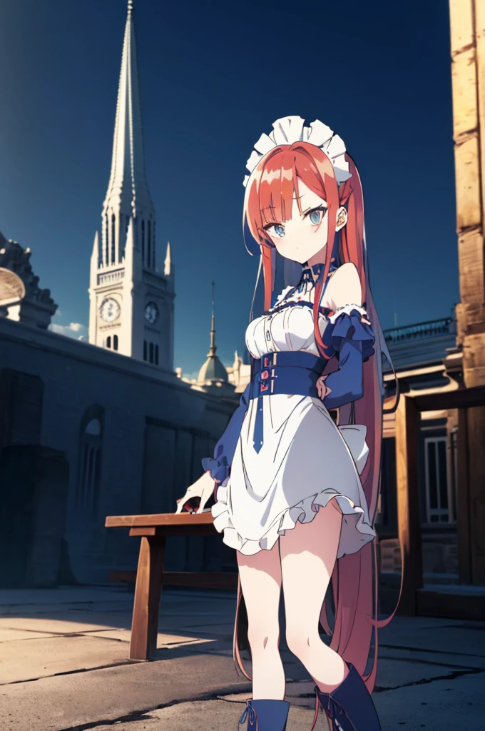 [(cathedral background:1.4)::5],original,(illustration:1.1),(best quality),(masterpiece:1.1),(extremely detailed CG unity 8k wallpaper:1.1), (colorful:0.9),(mid shot:0.95),(full body:1.5),Dynamic angle,(solo:1.2), (girl),((adult)), (detailed beautiful eyes:1.15), (beautiful face:1.15), (glowing red eyes:1.25////),((medium hair)),((split-color hair,red hair,blue hair)),(high twintails),(chignon),(+perfect hand+:1.21),(Draw an illustration of a gothic girl),(Religious),(slender),(is wearing boots on her feet),((is wearing white maid clothes)),(furious), Lace Off-shoulder lolita fashion,beautiful slender woman,high twintails,((split-color hair,red hair,blue hair)),((split-color hair,red hair,blue hair)),from side,((split-color hair,red hair,blue hair)),