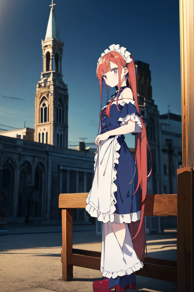 [(cathedral background:1.4)::5],original,(illustration:1.1),(best quality),(masterpiece:1.1),(extremely detailed CG unity 8k wallpaper:1.1), (colorful:0.9),(mid shot:0.95),(full body:1.5),Dynamic angle,(solo:1.2), (girl),((adult)), (detailed beautiful eyes:1.15), (beautiful face:1.15), (glowing red eyes:1.25////),((medium hair)),((split-color hair,red hair,blue hair)),(high twintails),(chignon),(+perfect hand+:1.21),(Draw an illustration of a gothic girl),(Religious),(slender),(is wearing boots on her feet),((is wearing white maid clothes)),(furious), Lace Off-shoulder lolita fashion,beautiful slender woman,high twintails,((split-color hair,red hair,blue hair)),((split-color hair,red hair,blue hair)),from side,((split-color hair,red hair,blue hair)),