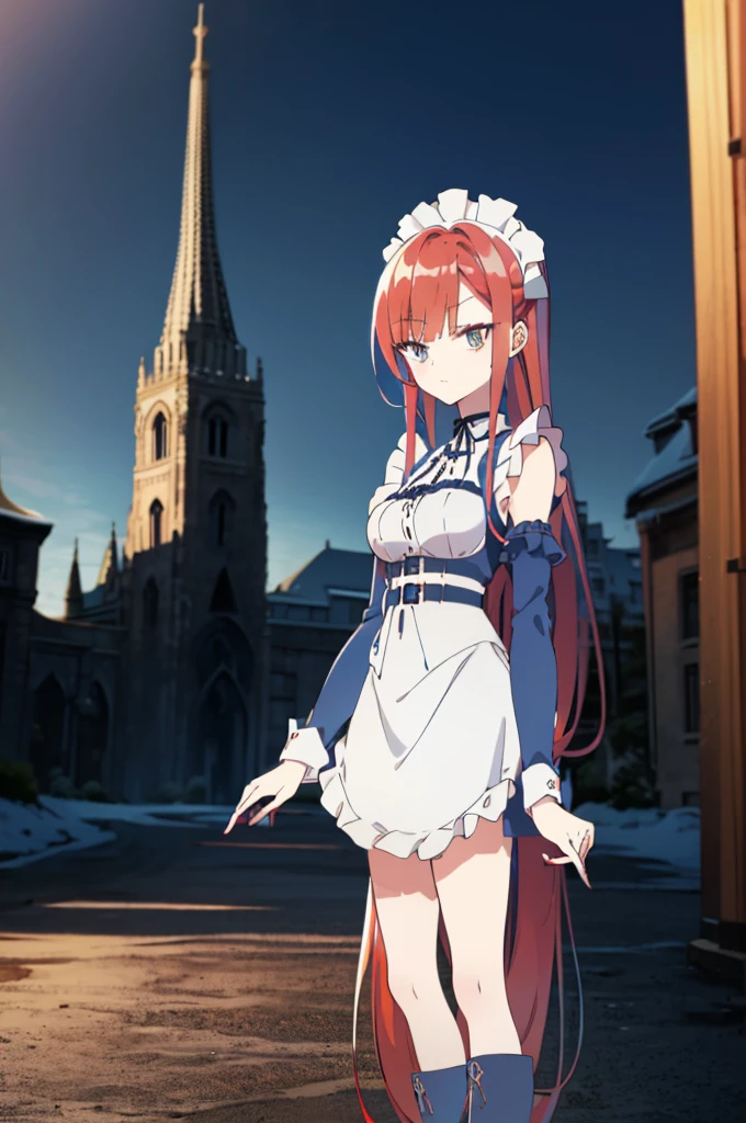 [(cathedral background:1.4)::5],original,(illustration:1.1),(best quality),(masterpiece:1.1),(extremely detailed CG unity 8k wallpaper:1.1), (colorful:0.9),(mid shot:0.95),(full body:1.5),Dynamic angle,(solo:1.2), (girl),((adult)), (detailed beautiful eyes:1.15), (beautiful face:1.15), (glowing red eyes:1.25////),((medium hair)),((split-color hair,red hair,blue hair)),(high twintails),(chignon),(+perfect hand+:1.21),(Draw an illustration of a gothic girl),(Religious),(slender),(is wearing boots on her feet),((is wearing white maid clothes)),(furious), Lace Off-shoulder lolita fashion,beautiful slender woman,high twintails,((split-color hair,red hair,blue hair)),((split-color hair,red hair,blue hair)),from side,((split-color hair,red hair,blue hair)),