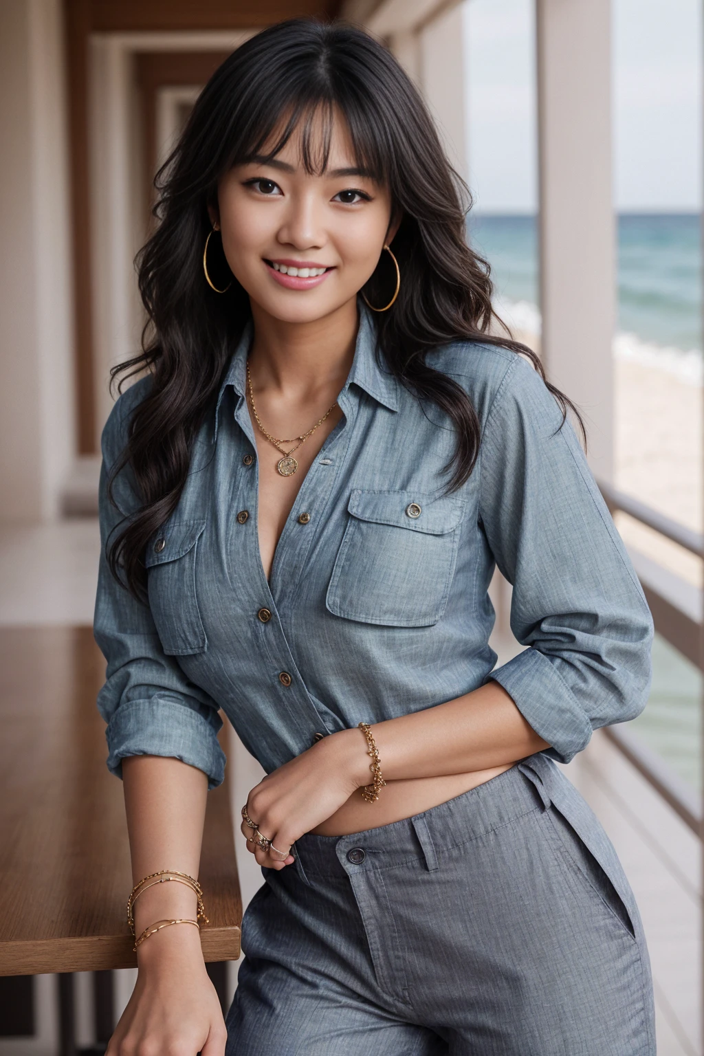 Half-length glamour portrait, nikon D850, f1.6 lens, 200mm, DSLR, 22 Megapixels, (((Luxury seaside hotel scene))), shot of a stunning 19 years old korean girl, (smile:1.4), (wearing Chambray shirt with medium gray chino pants:1.6), ((seductive pose)), hot girl, (((big natural breasts))), (((black fringe hair))), ( girl), symmetrical face, photorealistic, photography, (bright natural lighting), gorgeous, deep cleavage, (masterpiece), best quality, high resolution, extremely detailed, cinematic lighting, (((very narrow waist))), rich colors, hyper realistic, lifelike texture, ((jewelry)), (((She has beautiful hands and wears rings))), (bracelet), (necklace), (ankle chain), (nail polish) (earrings), Fuji Superia 200, 8k